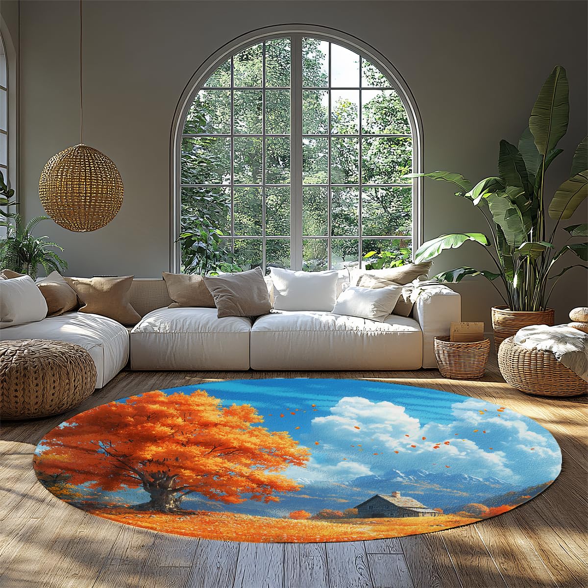 Tapis rond salon paysage 180cm lavable et antidérapant multi