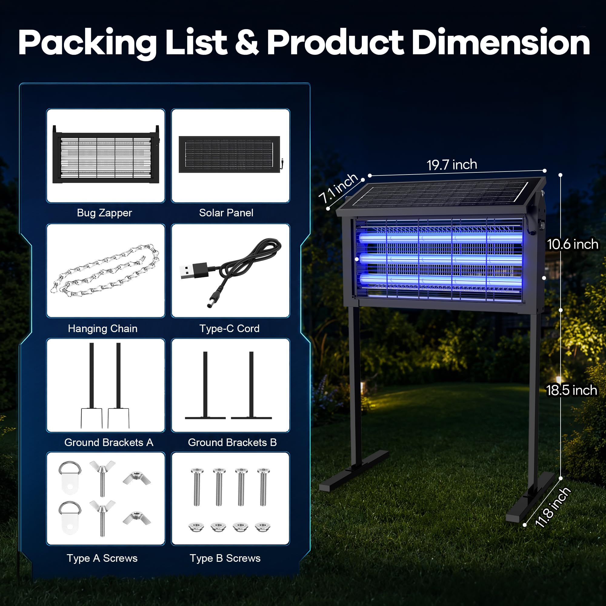 Eliminador solar de insectos para exteriores, 20 W, gran mosquitos, batería de 7500 mAh, trampa recargable para insectos voladores para patio, jardín, hogar, camping, color negro