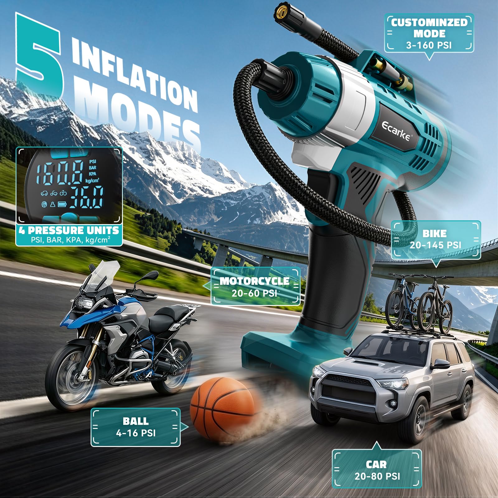 Ecarke Akku Kompressor 11 Bar mit Digitalmanometer & 12V-Zigarettenanzünder, kompatibel mit Makita 18V Akku, Tragbarer Luftpumpe für Auto, SUV, Motorrad, Fahrrad und Bälle, Ohne Akku & Ladegerät