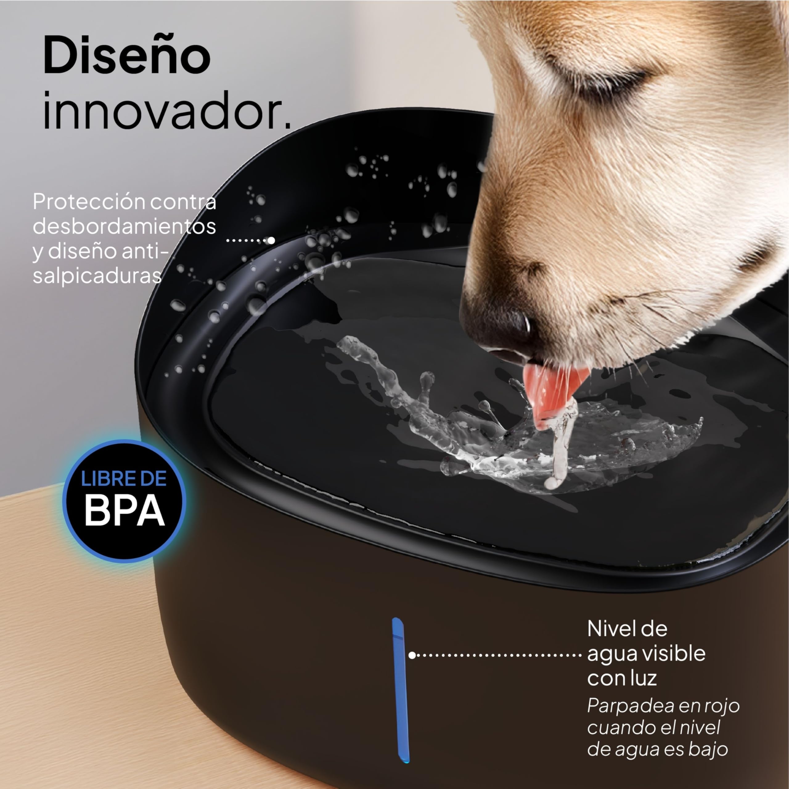 Pretty Paw Fuente para Perros 7L con Filtro y Nivel Visible - Dispensador Automático Silencioso Antisalpicaduras para Perros Grandes y Hogares Multi-Perro - Dog Stream (Negro)