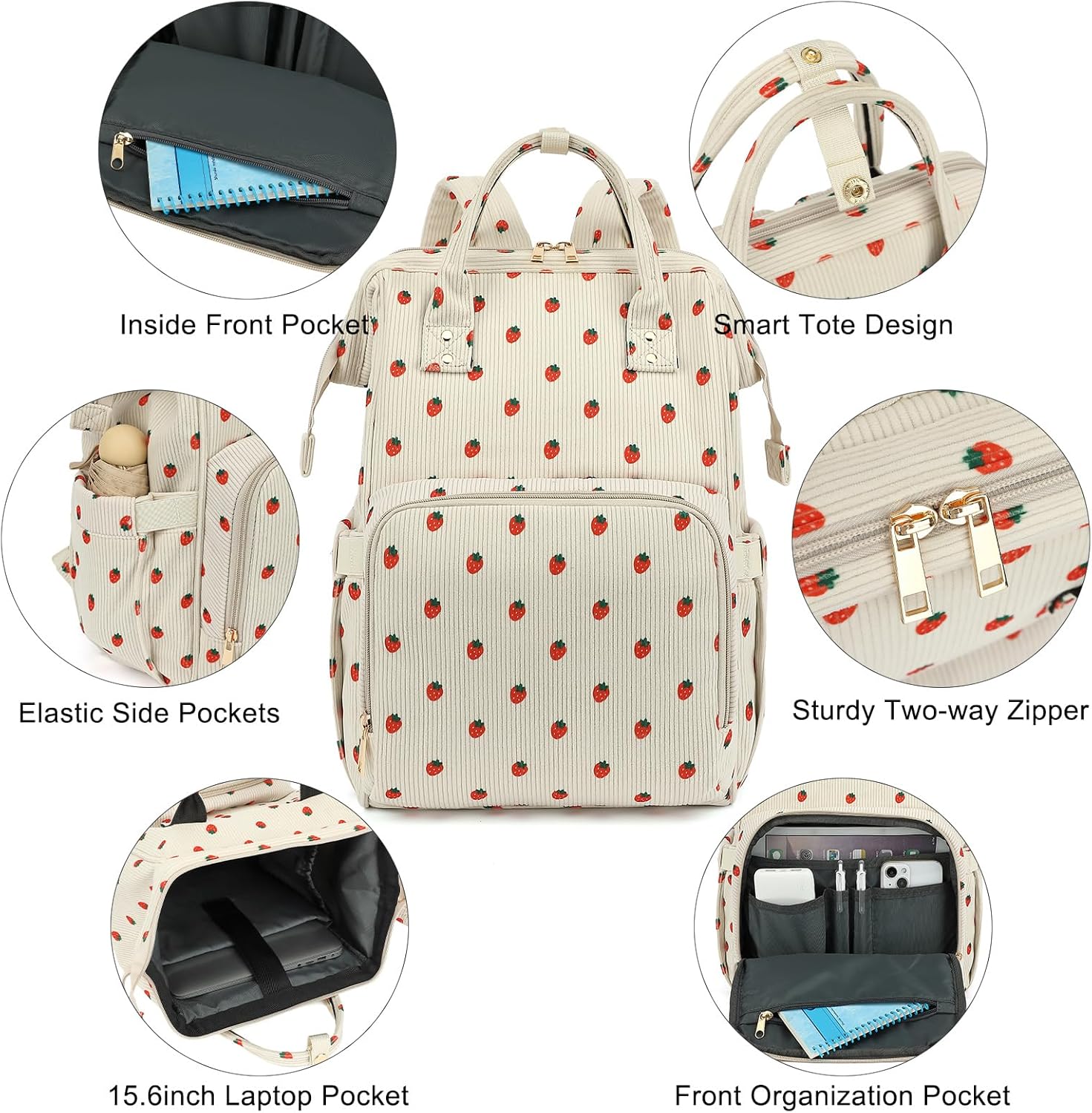 College Laptop Backpack, Travel Backpack for Women, Corduroy Casual Daypack, School Backpack Bookbag for Girls (Beige Corduroy Strawberry)