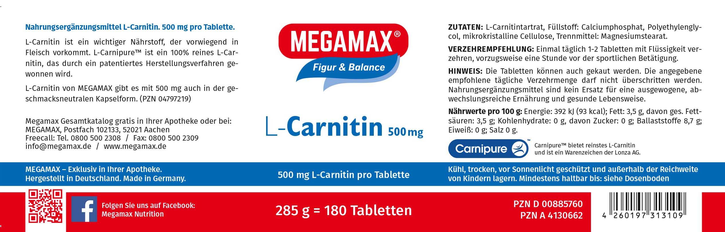 Megamax L-Carnitin 500 mg Tabletten – 180 Stück – mit Carnipure® – hochwertige L-Carnitin Nahrungsergänzung