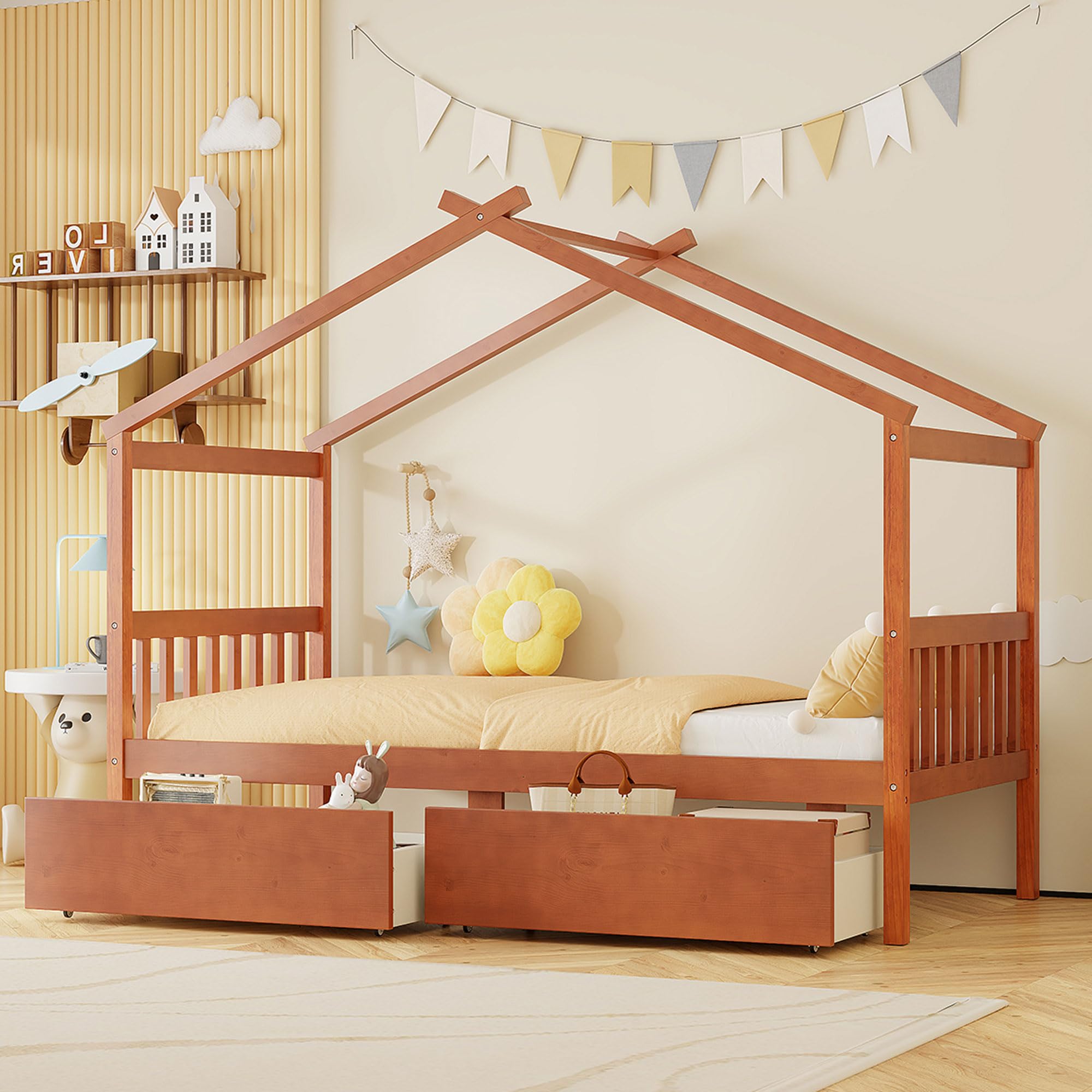 Twin Size Wooden House Bed with Roof Frame and 2 Storage Drawers, Montessori Platform Bed with Headboard and Slat Support for Kids Teens Girls Boys, No Box Spring Needed (Walnut-04, Twin)