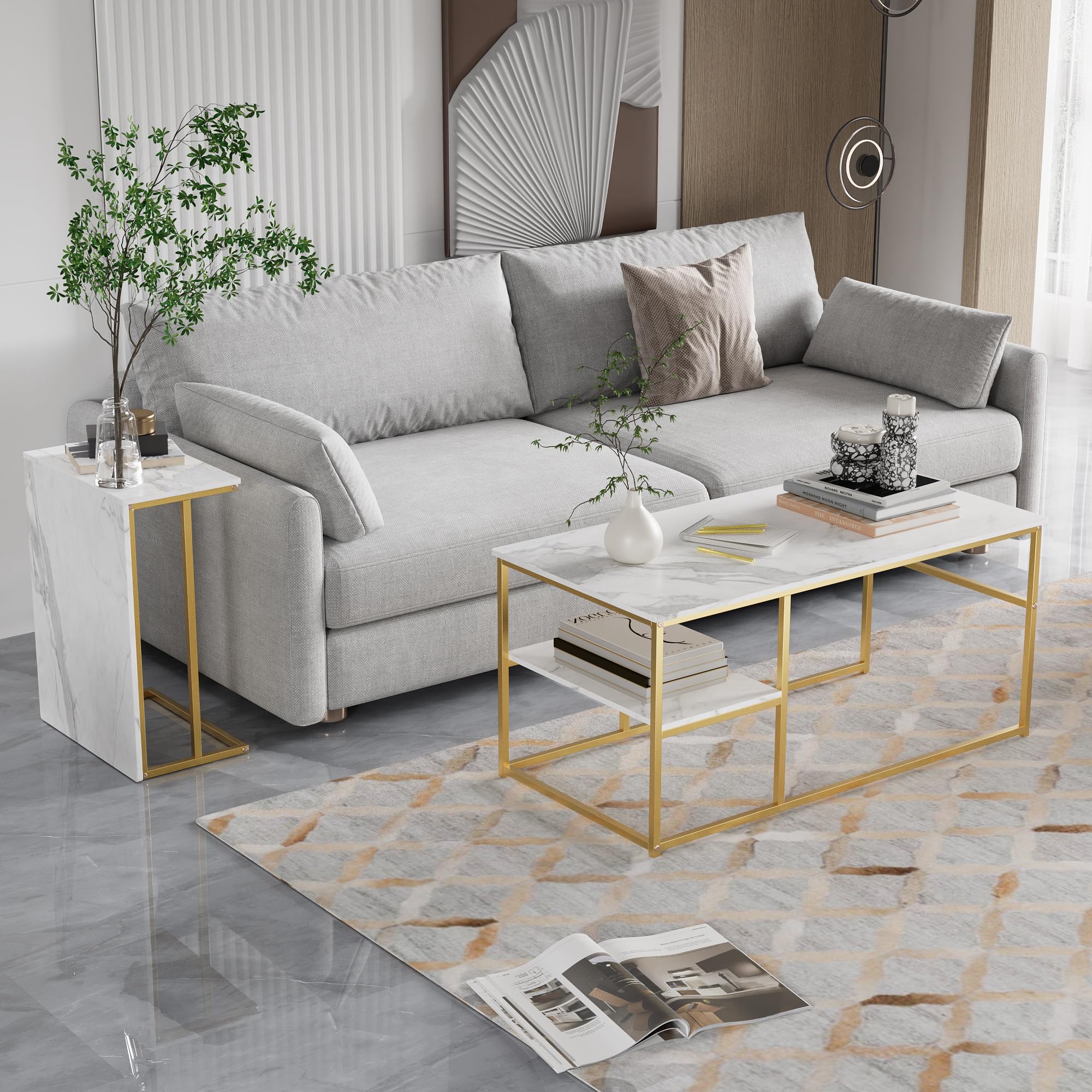 Juego de 2 Mesas de Salón Rectángulo: Mesa Centro + Auxiliar - Mesa de Café Anidables con Estructura Metal para Sala de Estar,Modernas,Blanco Dorado