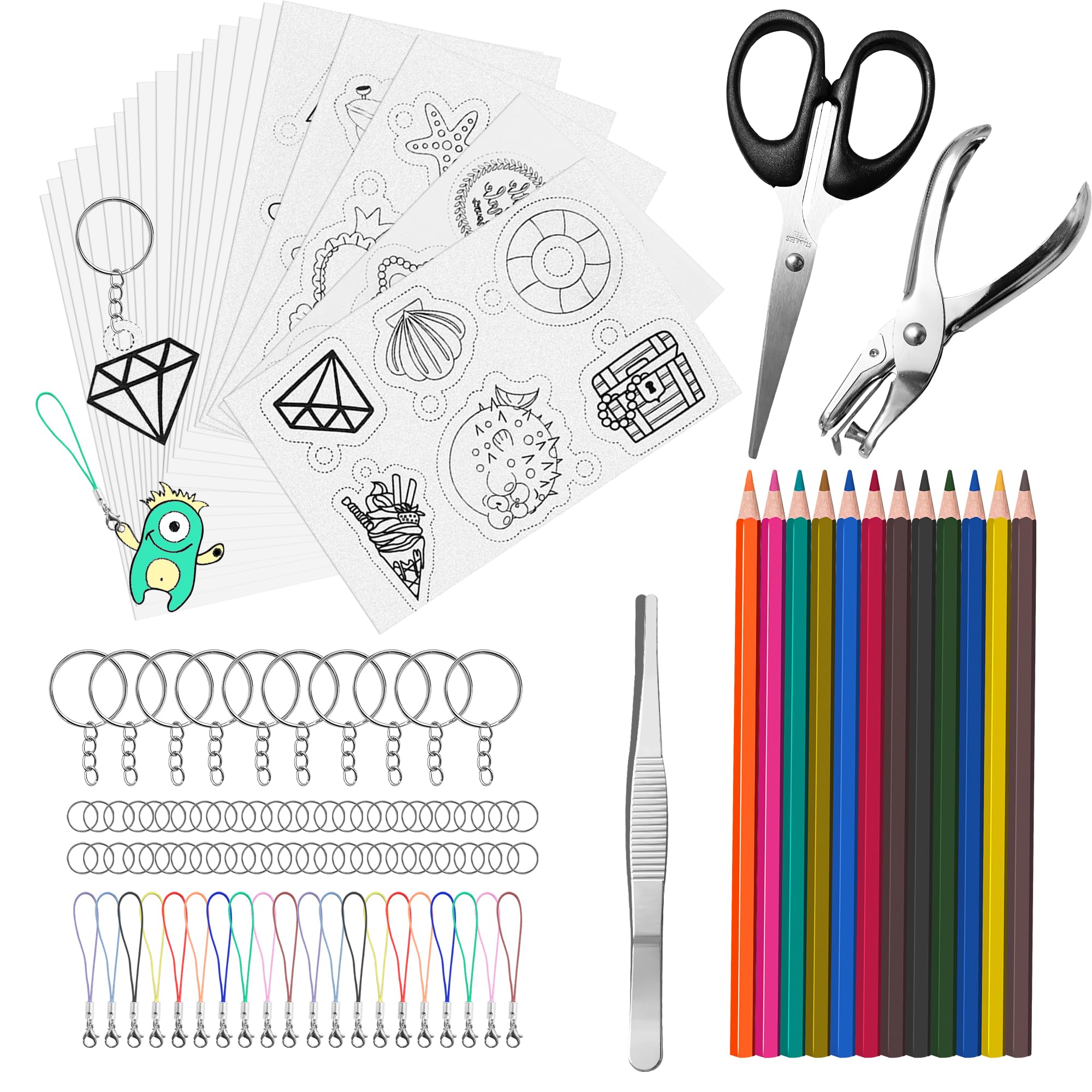 Hewolly 165 PCS Shrink Plastic Kit - 15 Shrink Plastic Films, 5 Patterned Sheets, 12 Colored Pencils, 130 Keychain Accessories, Hole Punch, Scissors,
