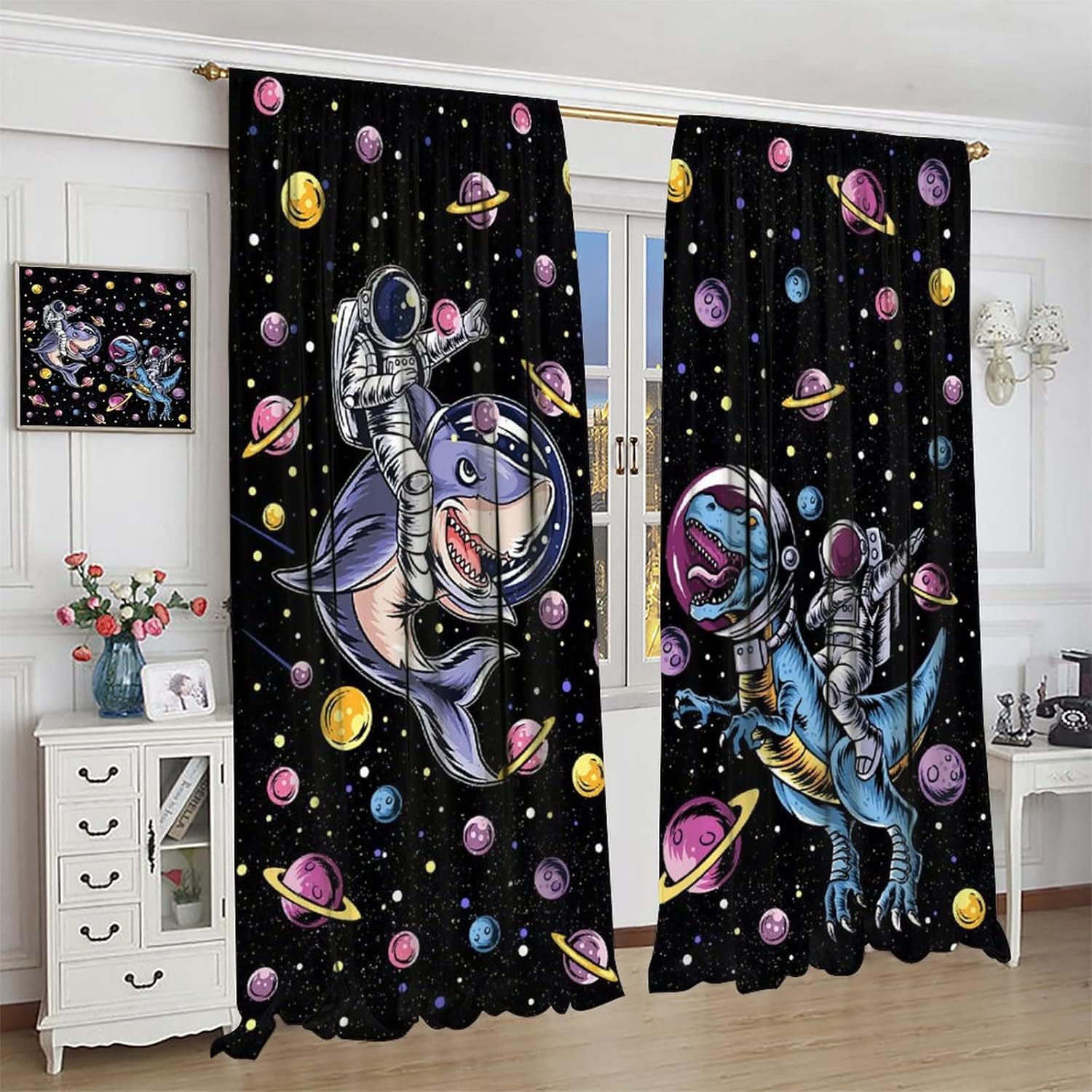 Funny Dinosaur Blackout Curtains - Cartoon Cool Astronaut Riding Shark Psychedelic Galaxy Outer Space Rod Pocket Window Drapes Set Energy Saving Thermal Insulated Drapes for Living Room,55x63in