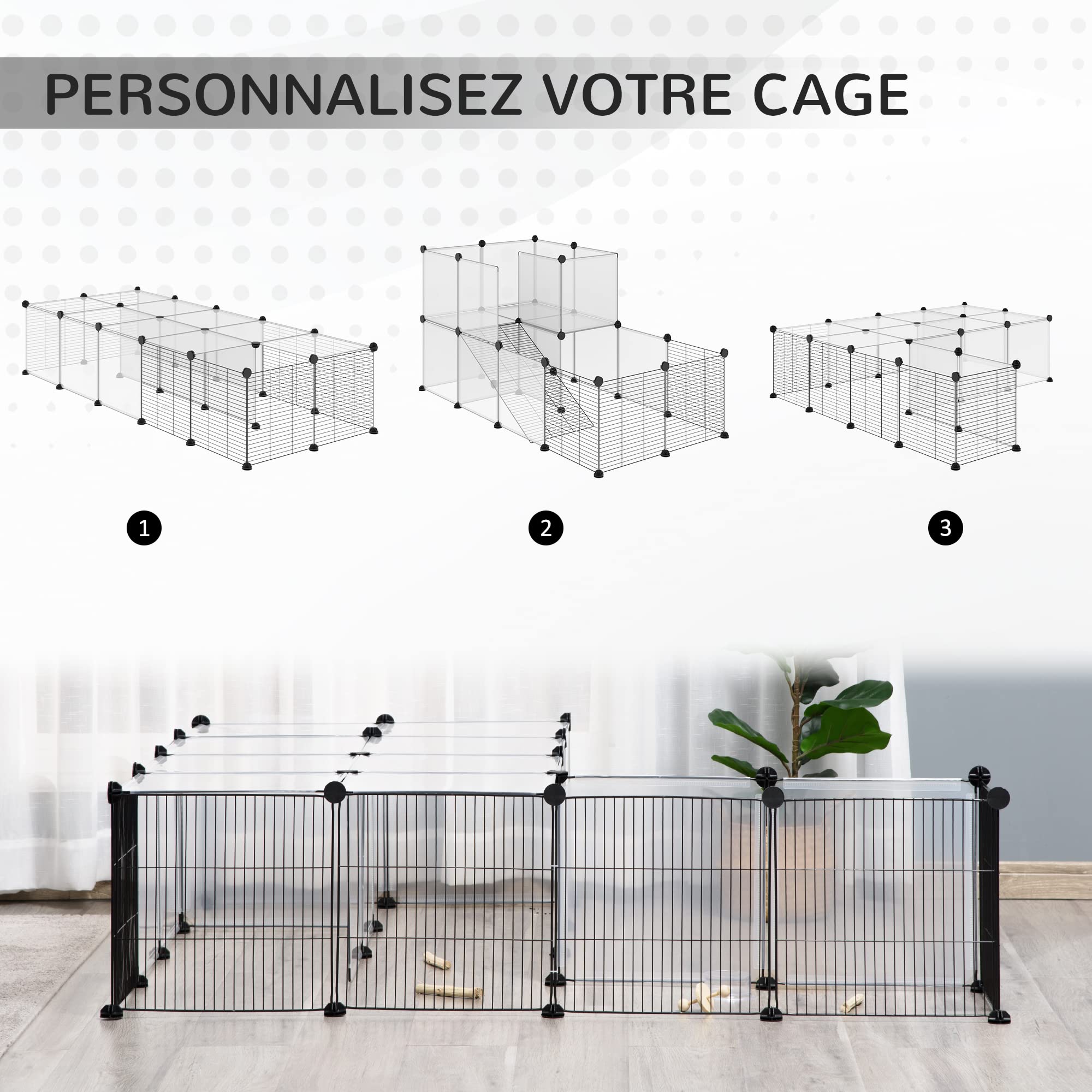 PawHut Enclos pour Petits Animaux Design DIY Cage modulable pour Cochon d'Inde Lapin Chinchillas Petits Animaux domestiques 27 Panneaux Noir