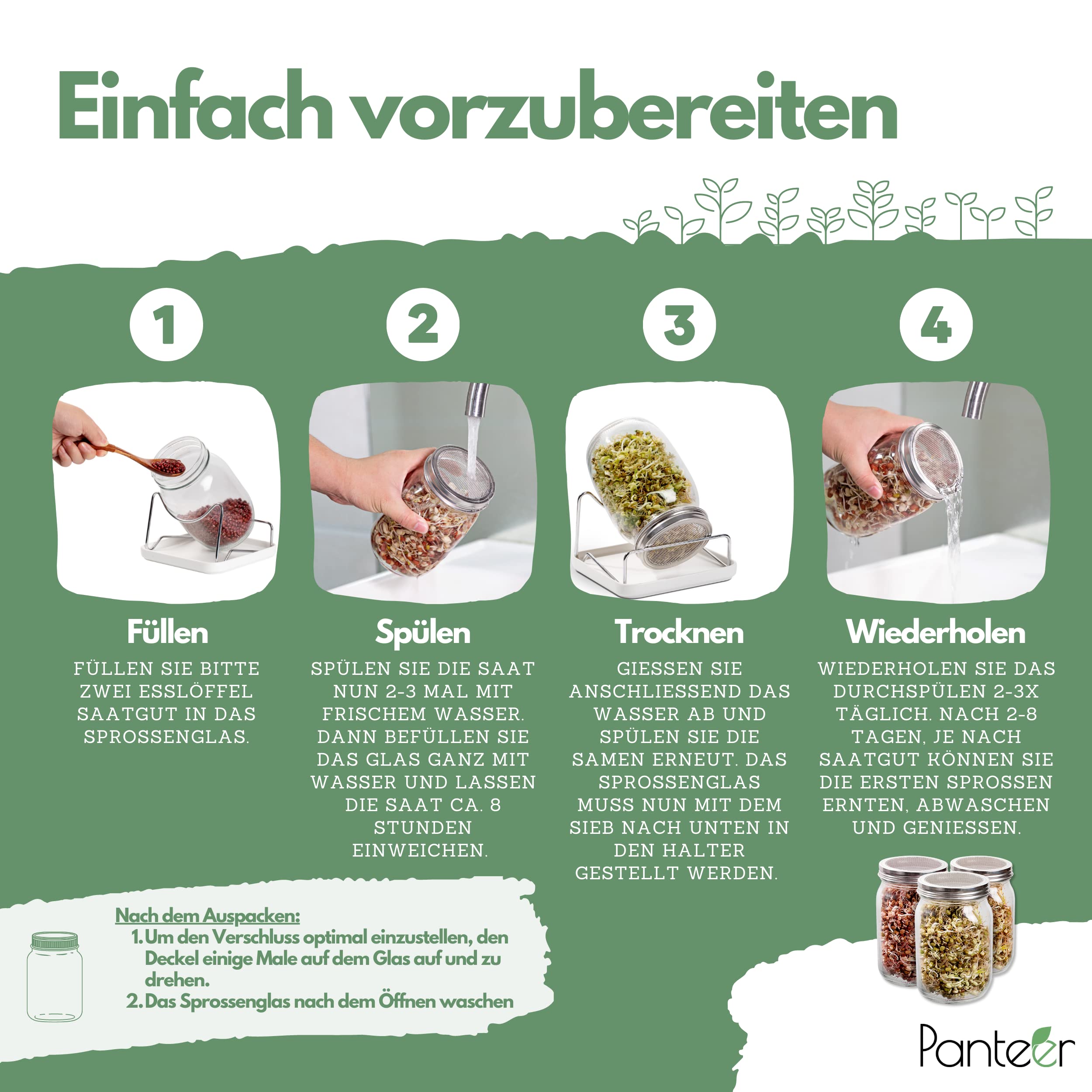 Panteer ® Kiemglas, 940 ml, met premium roestvrijstalen deksel en zeef (type 316), inclusief elegante keramische schaal en metalen houder, ideaal kiemglas voor weelderige en efficiënte kiemteelt (1