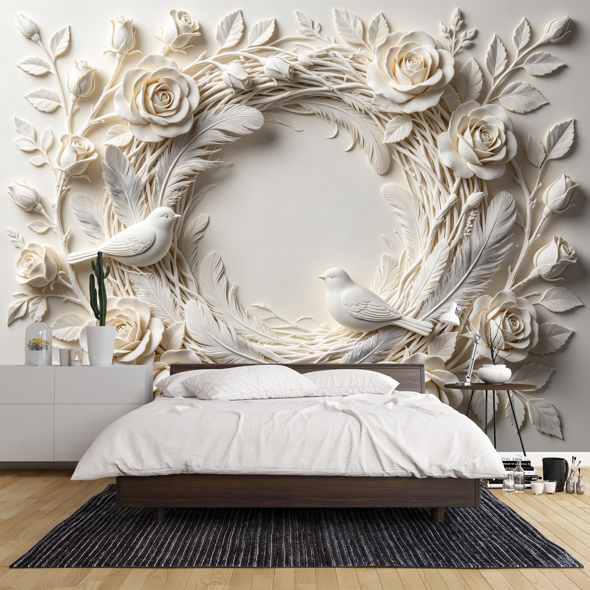 Carta Da Parati Fotografica con Ghirlanda Di Rose E Scultura Di Uccellino, Murale Da Parete 300×210 cm (Lxa), In Tessuto Non Tessuto, Decorazione Floreale Romantica per Soggiorno, Divano, Sfondo Tv