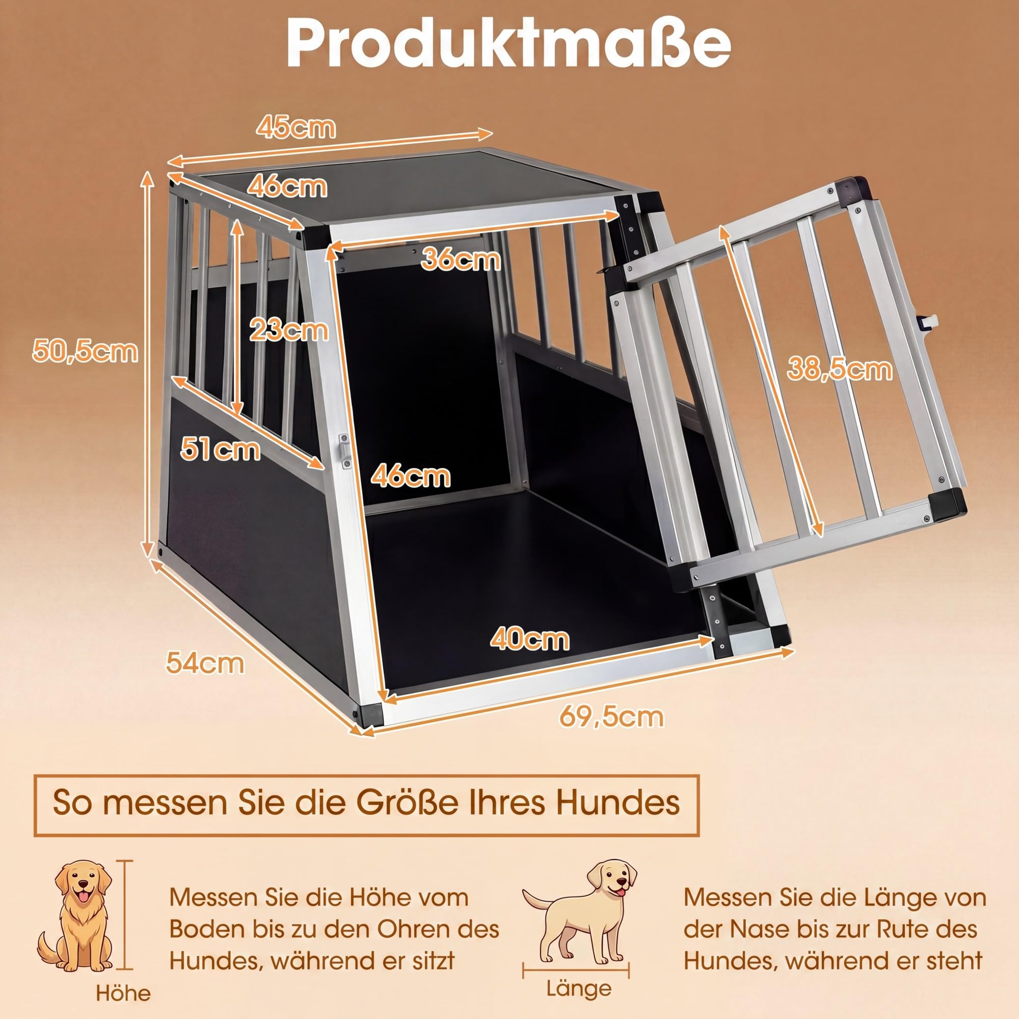DREAMADE Transportbox Hund Alu, Hundebox Auto Kofferraum (69x54 x 50cm) | trapezförmig hundetransportbox mit abschließbarer Tür & herausnehmbarer Trennwand ür kleine Hunde & Katzen