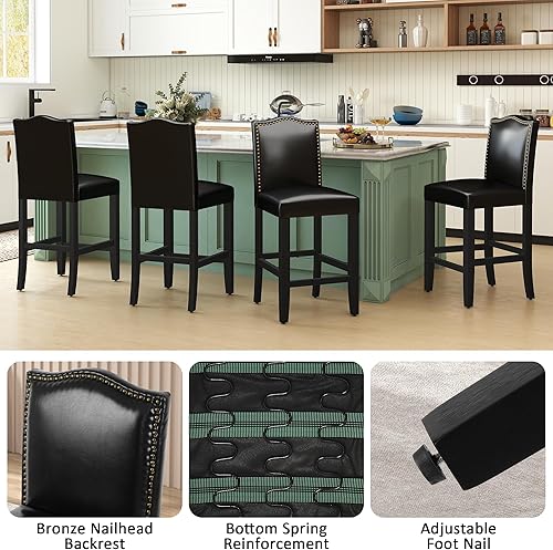 Miniatura 5 de LSSPAID Juego de 2 taburetes de bar tapizados de poliuretano de 24.8 pulgadas, sillas de isla de cocina con respaldo de clavos de bronce y patas de