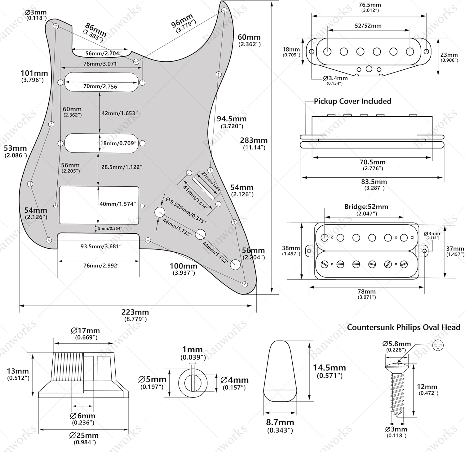 Banworks 3Ply Loaded HSS Strat Pickguard Vintage Hot F '50s Tones Prewired Pickguard with Staggered Alnico 5 Fiber Bobbin SSH Pickups for Fender Stratocaster Strat ST JT/HBZC-03 Vintage Hot White