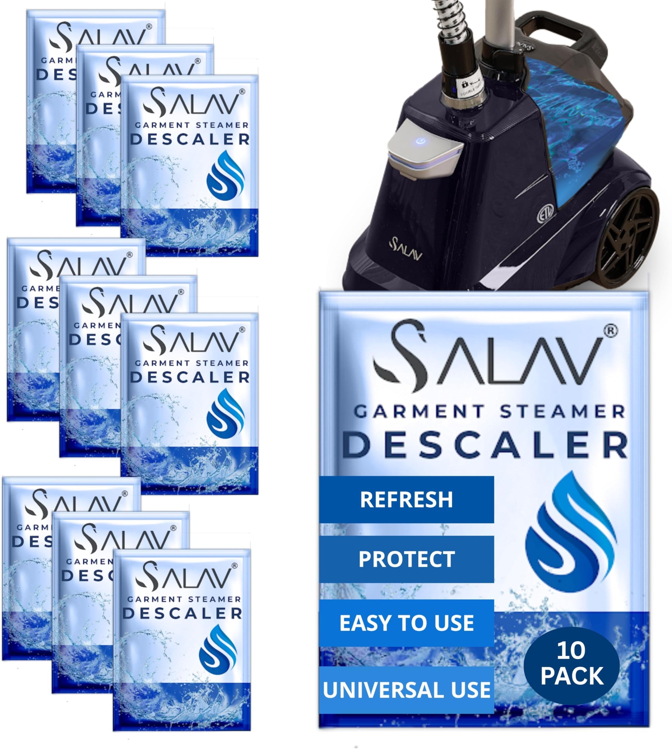 Garment Steamer Descaling Solution Decalcifier Packets for Mineral Deposits and Build-up Removal, Maintenance for Clothes, Works with all Garment Steamer Brands, Cleans Build Up, 10 packs