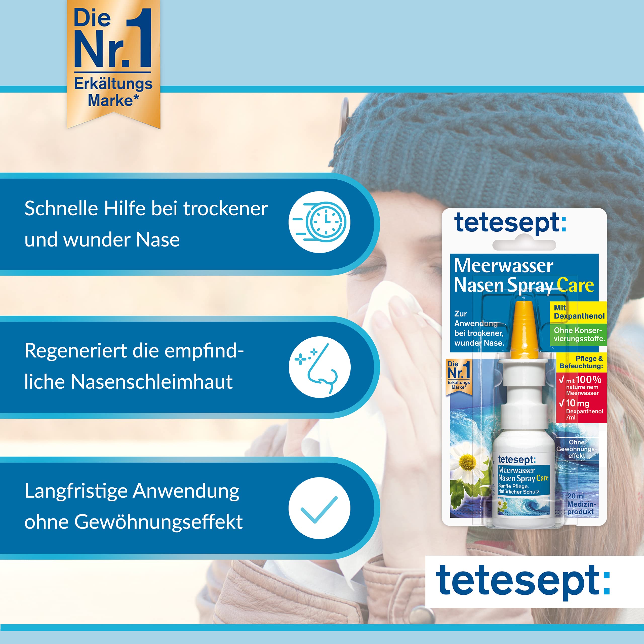 tetesept Meerwasser Nasen Spray Care – Pflegendes & abschwellendes Nasenspray für natürlichen Schutz & Regeneration – Nasenpflegespray bei Erkältung – 5 x 20 ml