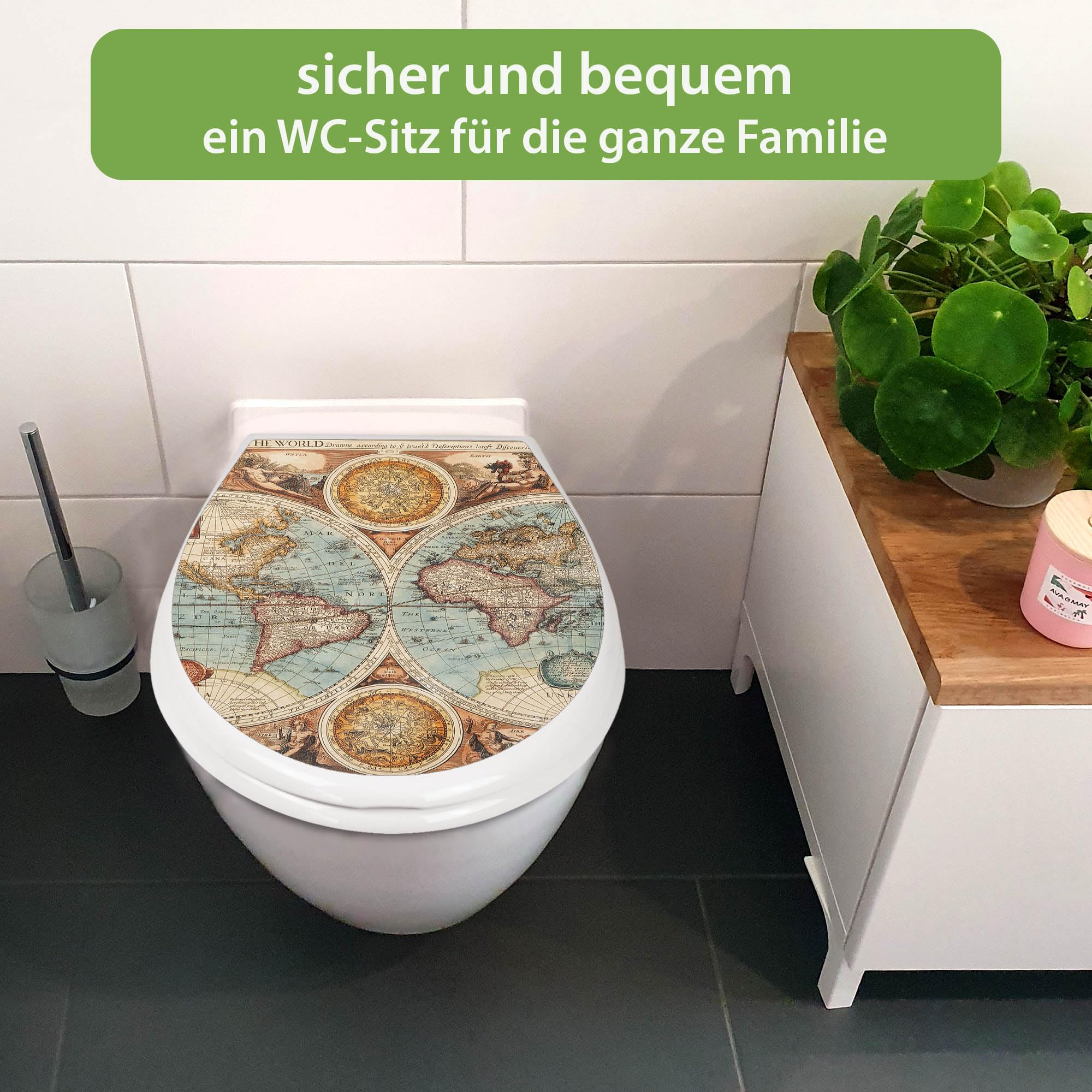 banjado Familien WC Sitz mit Absenkautomatik 44,9x37,1cm - Klobrille mit Kindersitz aus hochwertigem Polypropylen - Toilettendeckel mit Kinder Toilettensitz integriert - Motiv Historische Weltkarte