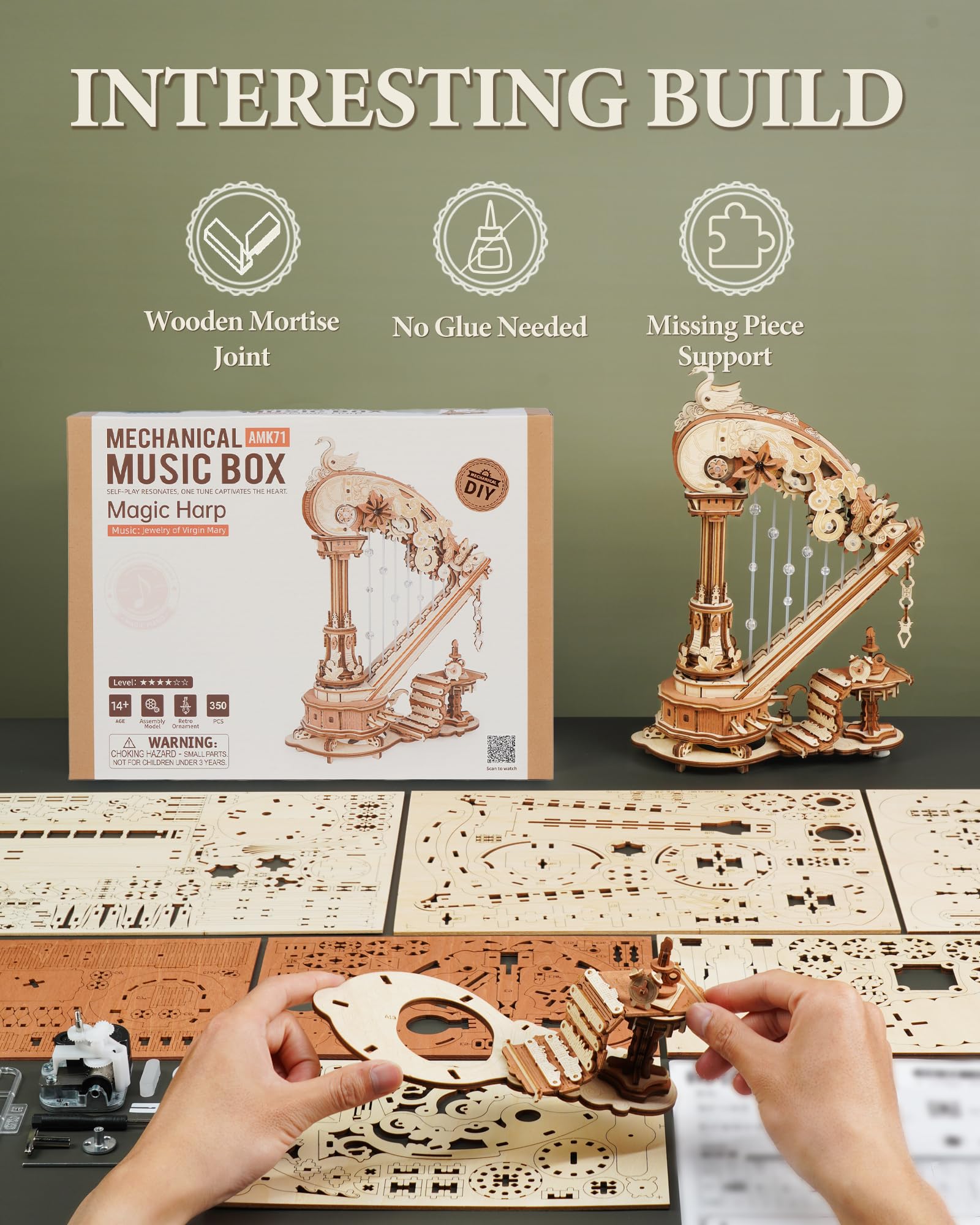 ROBOTIME 3D Puzzle Holz Harfe Baukasten mit automatischem Saitenzupfen - 18. Jahrhundert Pedal Harfe Modell, Sichtbares Mechanisches Getriebe, DIY Handwerk für Wohnkultur und Geschenk Geben