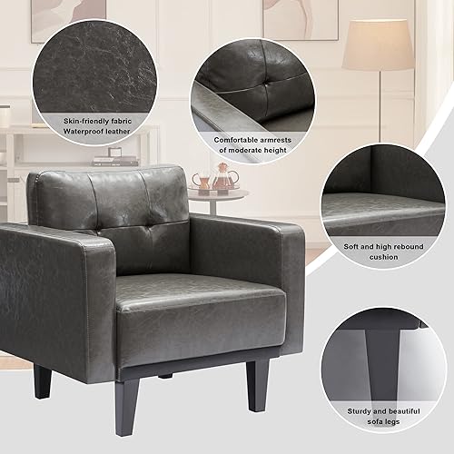 Miniatura 4 de Mid-Century - Silla decorativa de cuero moderna con patas de madera y base de madera, silla individual tapizada de gran tamaño, cómodos sillones de