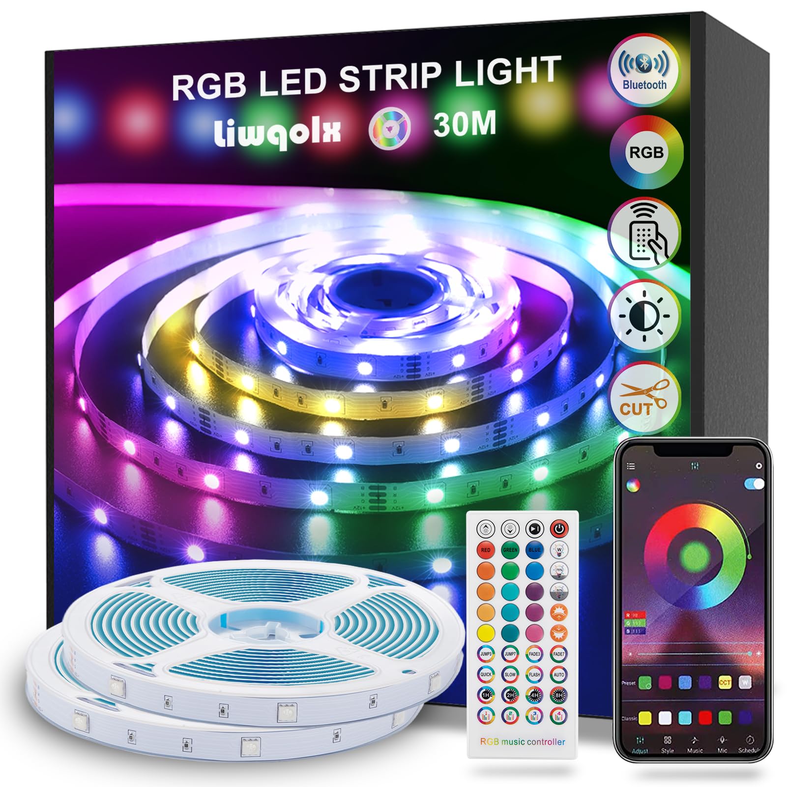 Striscia LED 30 Metri, Bluetooth RGB Smart 30M con Telecomando, App Controllato, Cambia Colore con la Musica, Luci Colorate per Casa, Decorazioni, Cucina, Bar, Festa