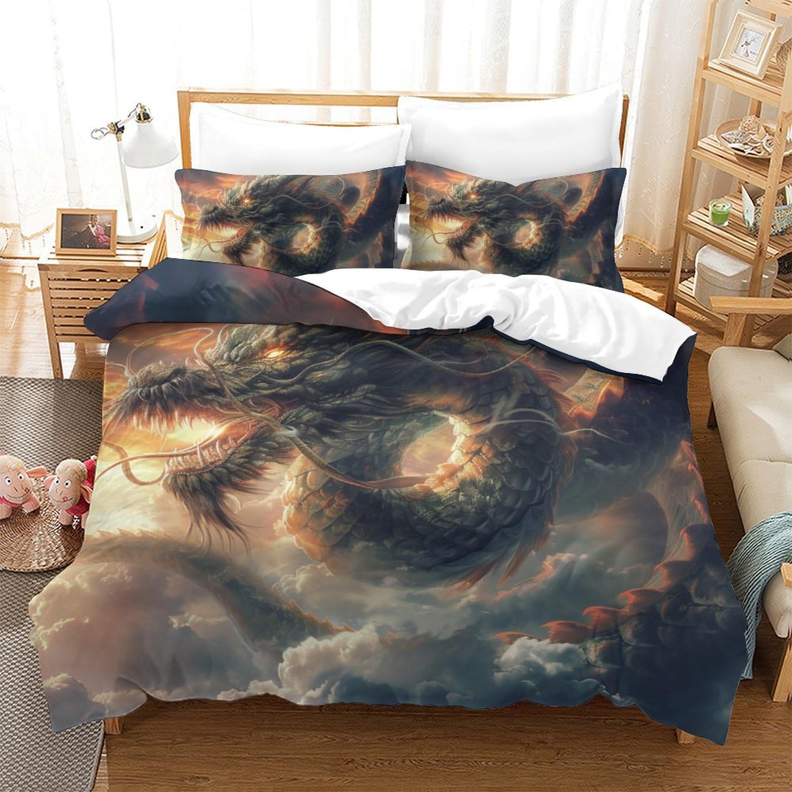 Housse de couette dragon anti-plis en microfibre douce avec taie d'oreiller