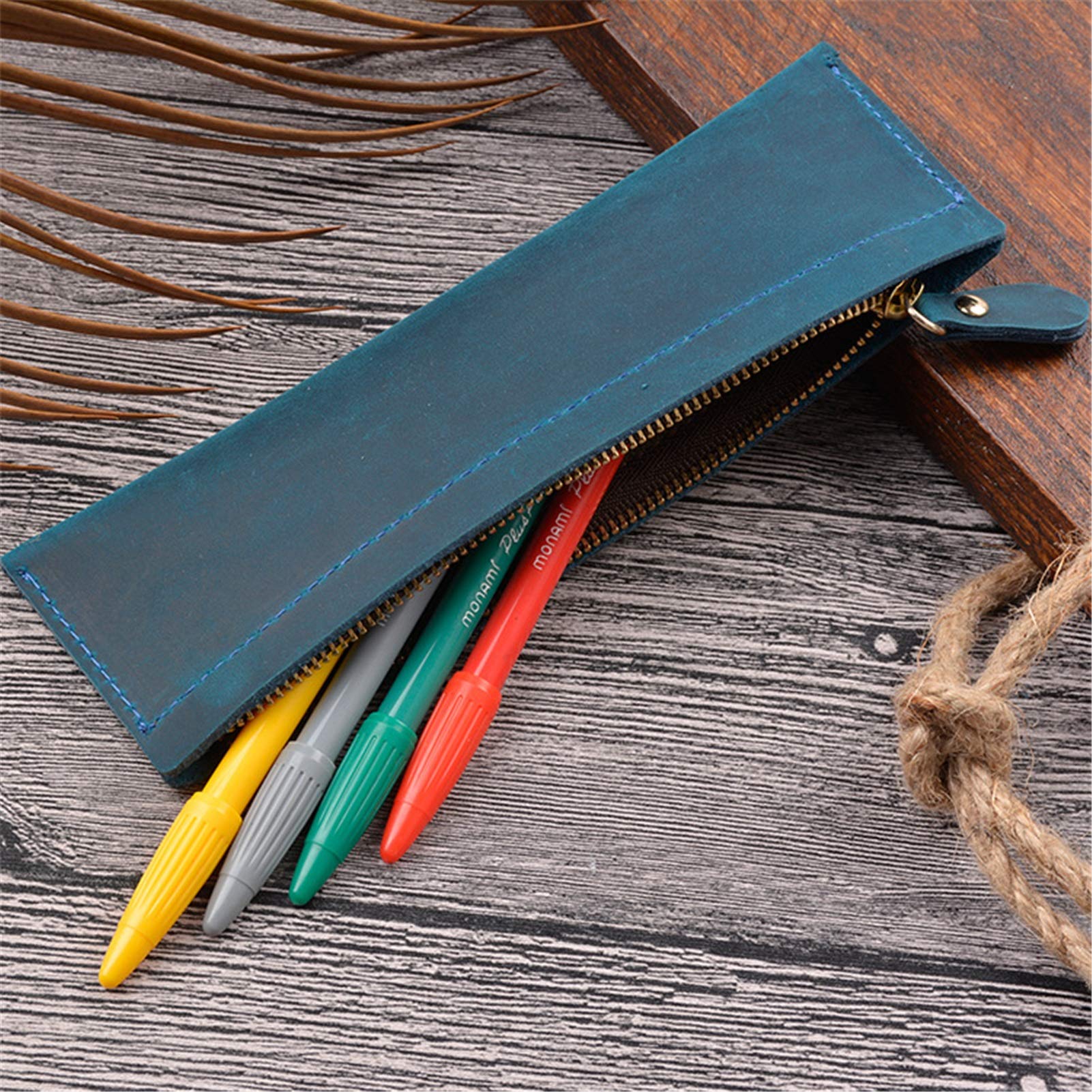 Astuccio in pelle, astuccio piccolo, Astuccio in pelle con cerniera for cancelleria ufficio multicolore 190x60mm(Blue)