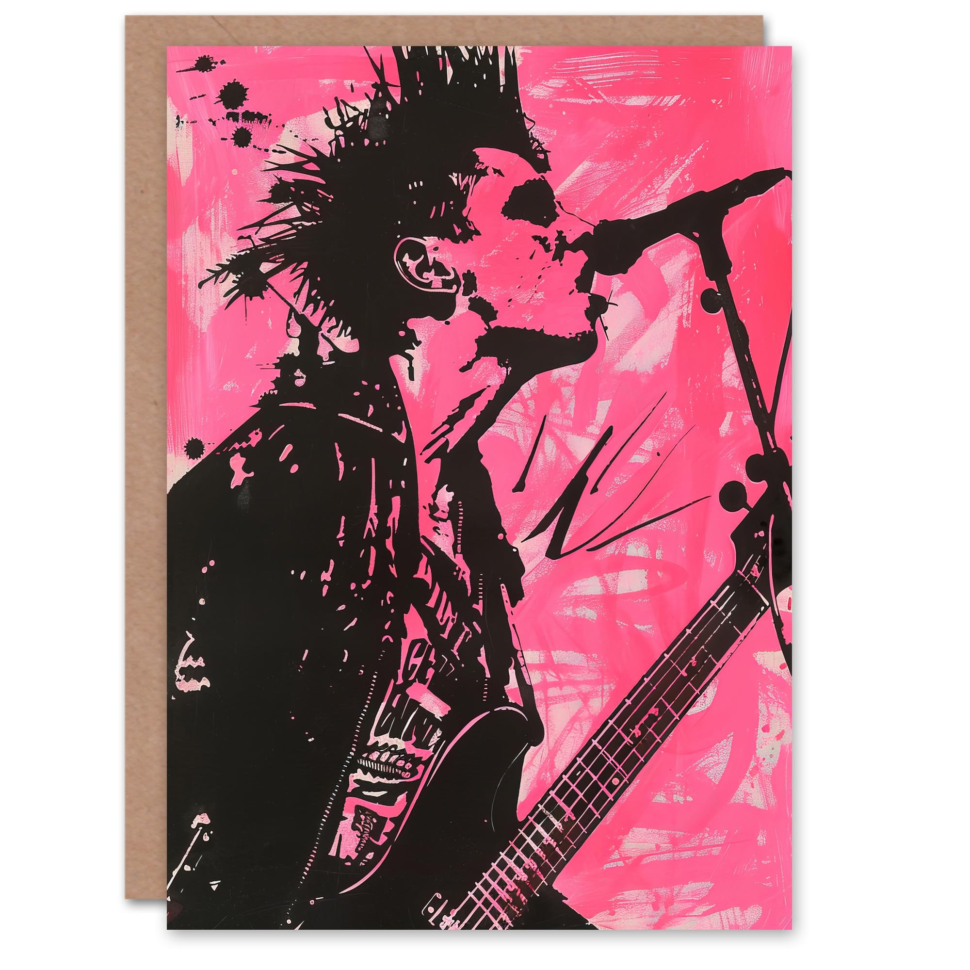 Artery8 Greeting Card Punk Music Singer Guitarist Modern Portrait Pink Blank For Him Or Her Art Birthday Card