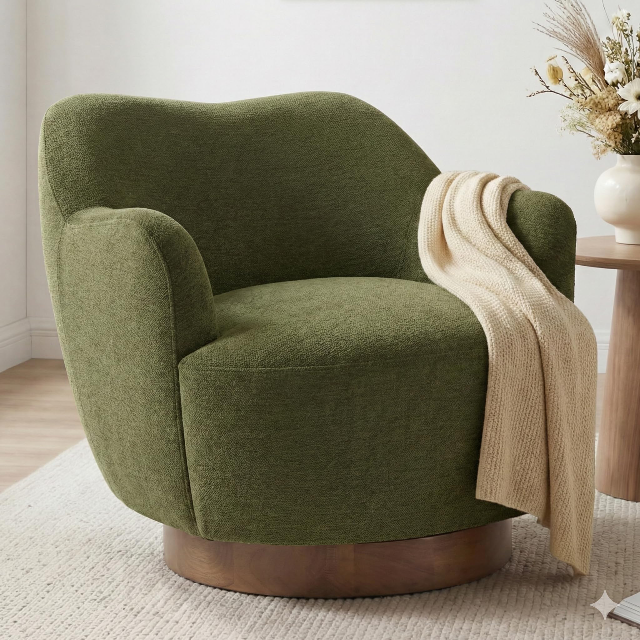 Swivel Accent Chair,Upholstered Barrel Chair with Curves Camel Back Design,Modern Arm Chair with Wooden Base for Living Room Bedroom Reading