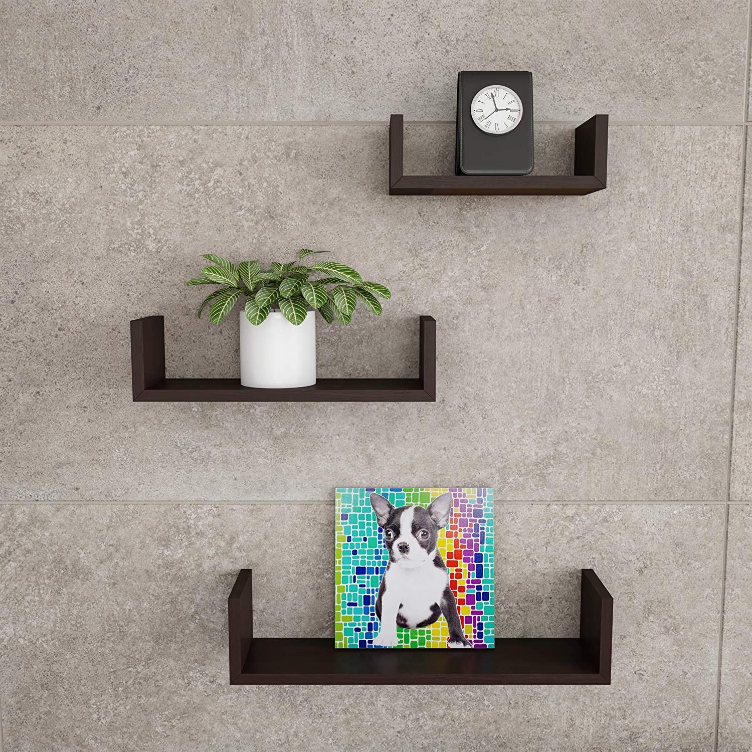 BPA Home Floating Shelves- U Shape Wall Shelf Set with Hidden Brackets, 3 Sizes to Display Decor, Photos, More-Hardware Included (Dark Brown)