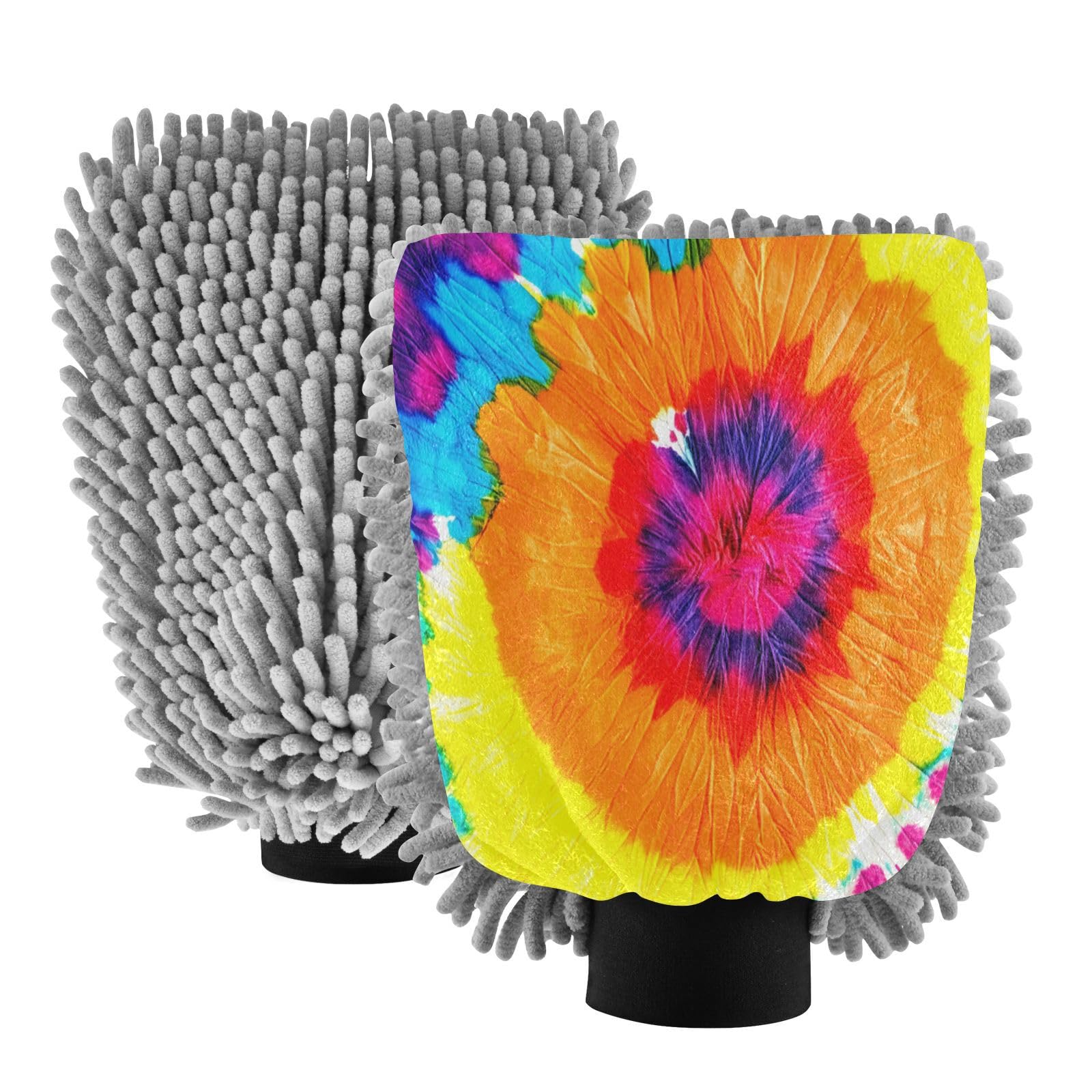 STAYTOP Rainbow Tie Dyeing Car Wash Mitt Microfiber, 2Pcs Scratch Free Lint-Free, Premium Chenille Microfiber Mitt Car Wash Brush-M