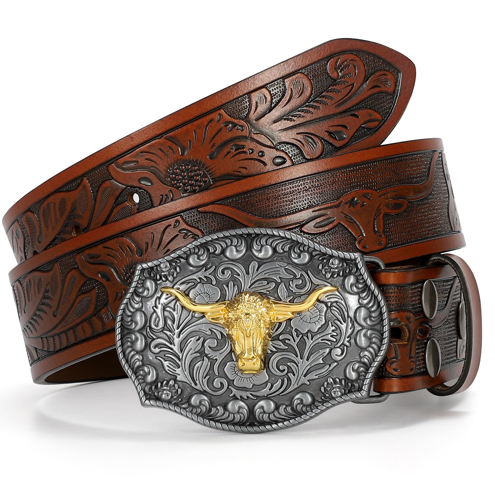 URAMAN Men's Western Cowboy Belt - PU Leather With Concho Buckle, Brown, Fits Waist 38-40 Inches