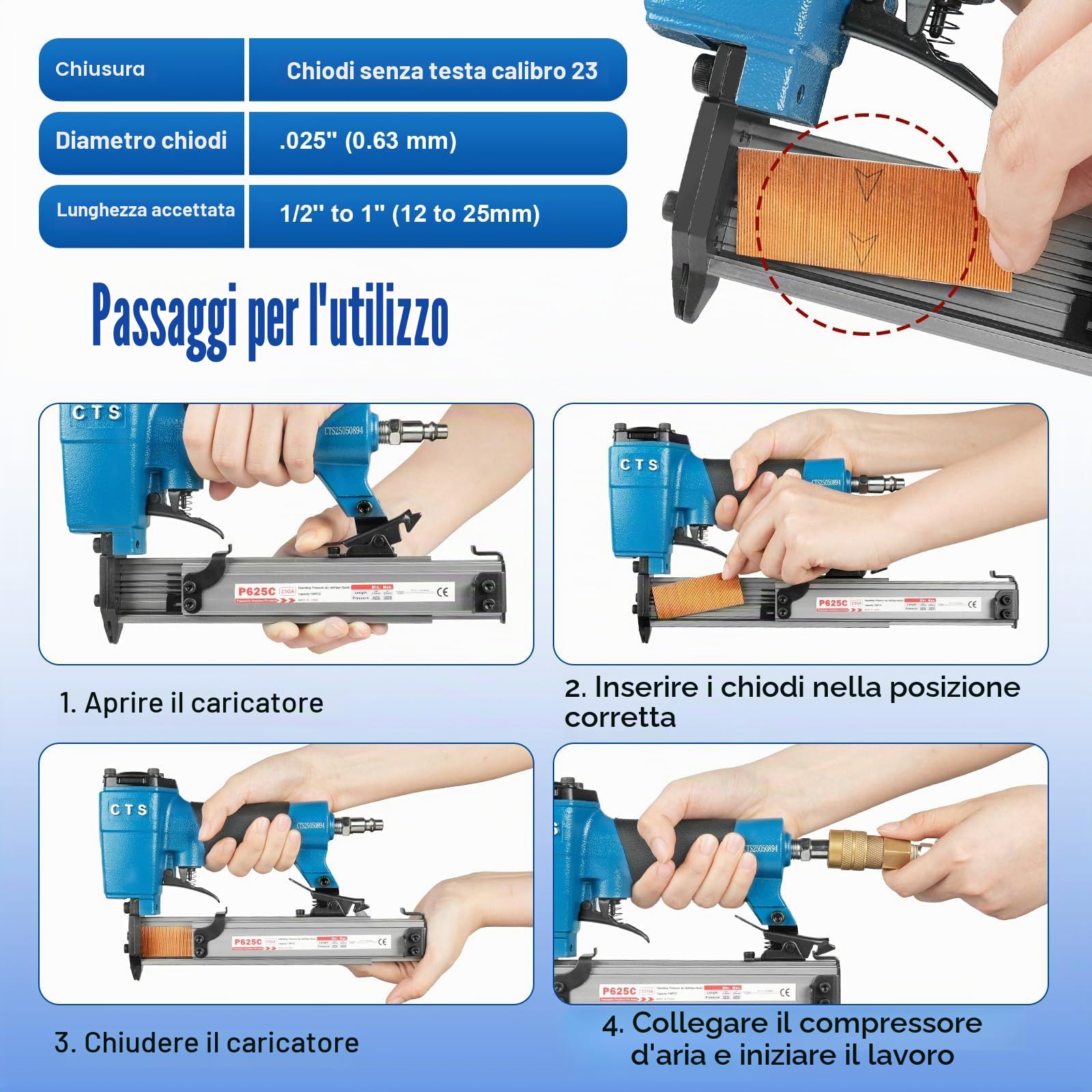 P625C Chiodatrice pneumatica con perni da 23 gauge e 3000 perni inclusi, chiodatrice pneumatica senza testa con blocco di sicurezza, adatta per perni da 1/2'' a 1'' (12 a 25mm), micro