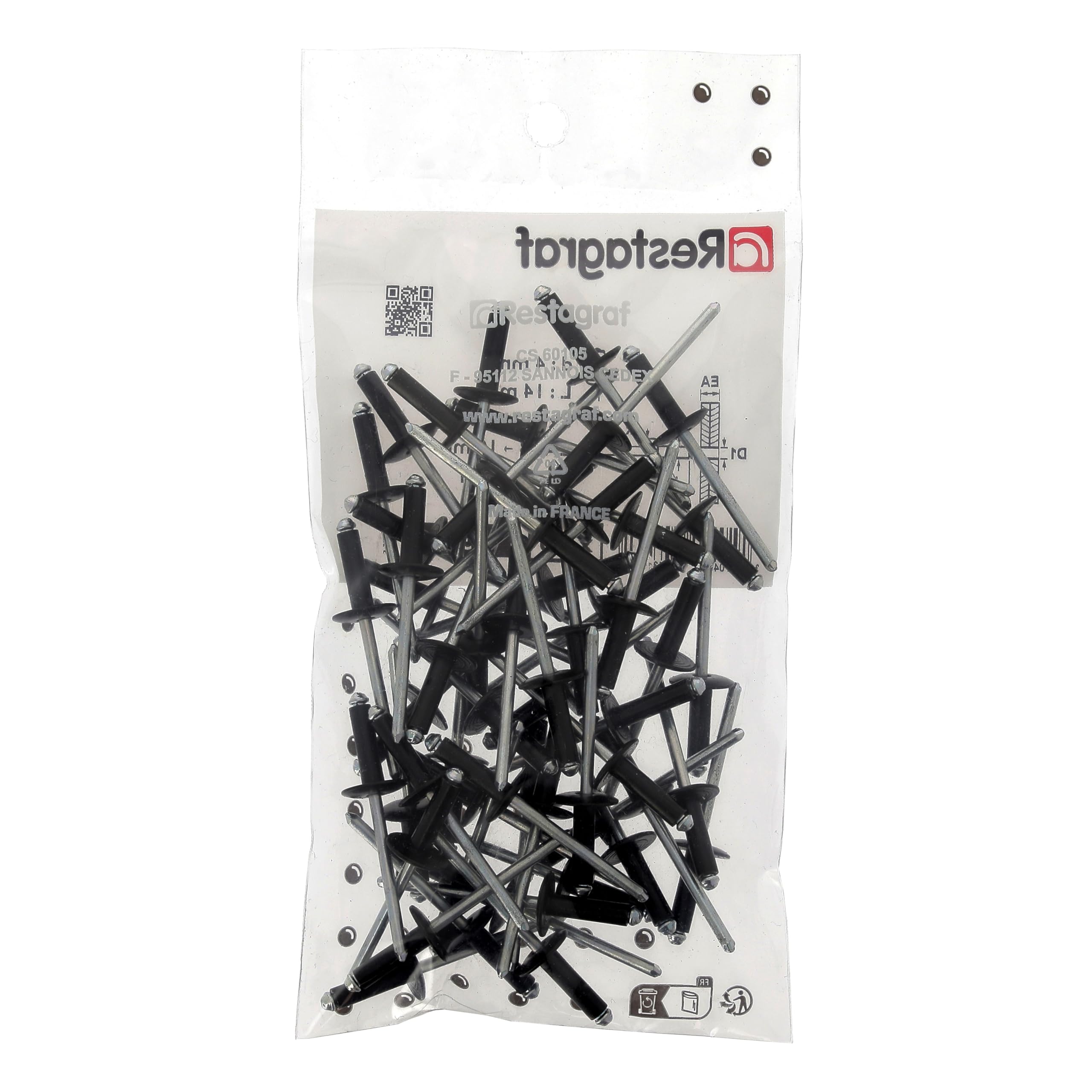 Remache de aluminio con cabeza ancha en bolsa, 4 mm x 14 mm, negro, lote de 56