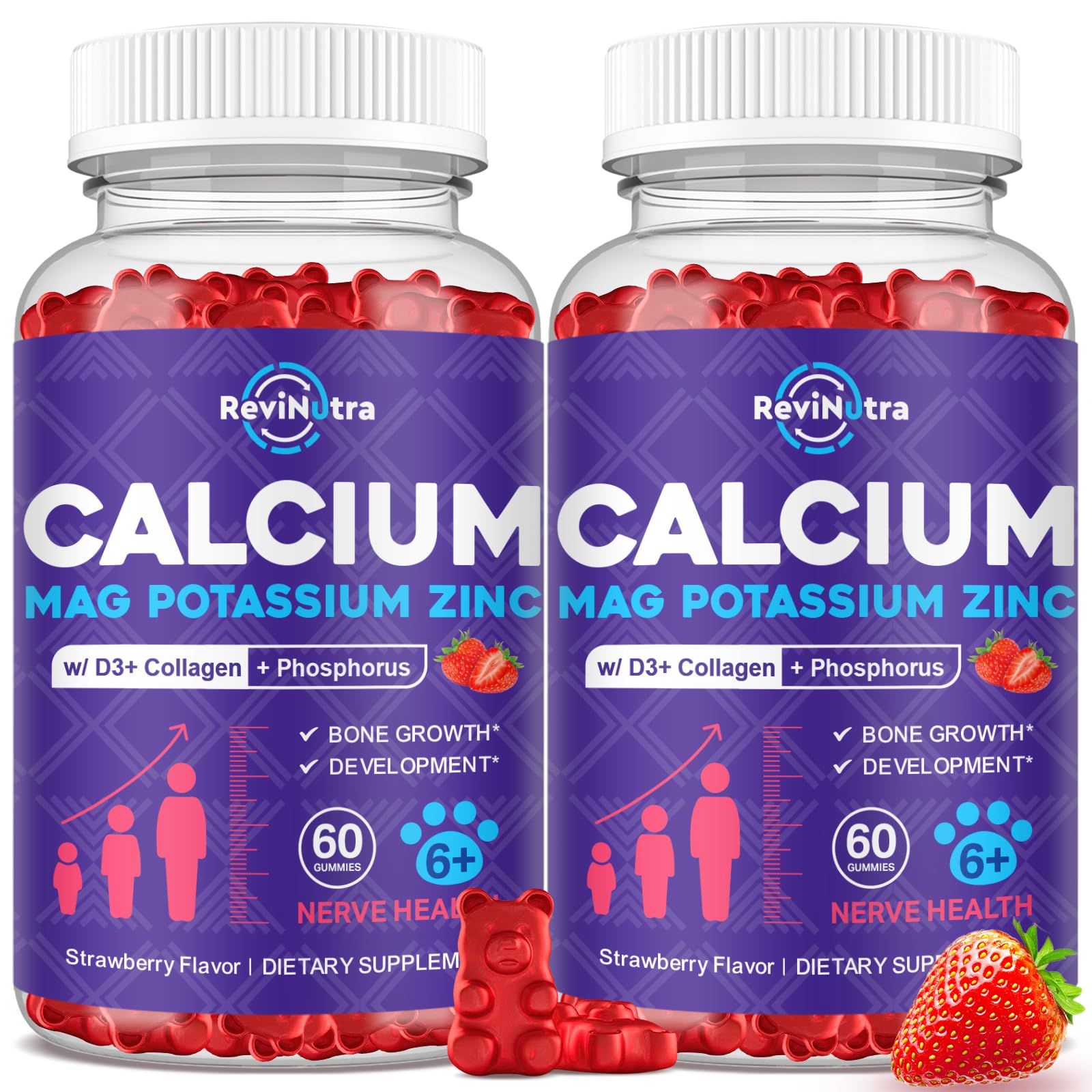 Calcium Potassium Magnesium Gummies for Kids & Adults, with Hydrolyzed Collagen, Zinc, Phosphorus, Multivitamin for Sleep, Bone Strength, Density Support, Sugar Free, Strawberry Flavor,120ct Strawberry 60 Count (Pack of 2)