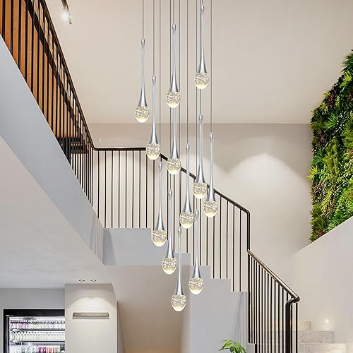 Miniatura 4 de Upfelw Candelabro moderno de cristal para escalera, cromo pulido, 12 luces, H120 pulgadas, gran techo alto, espiral, regulable, LED, gota de lluvia,