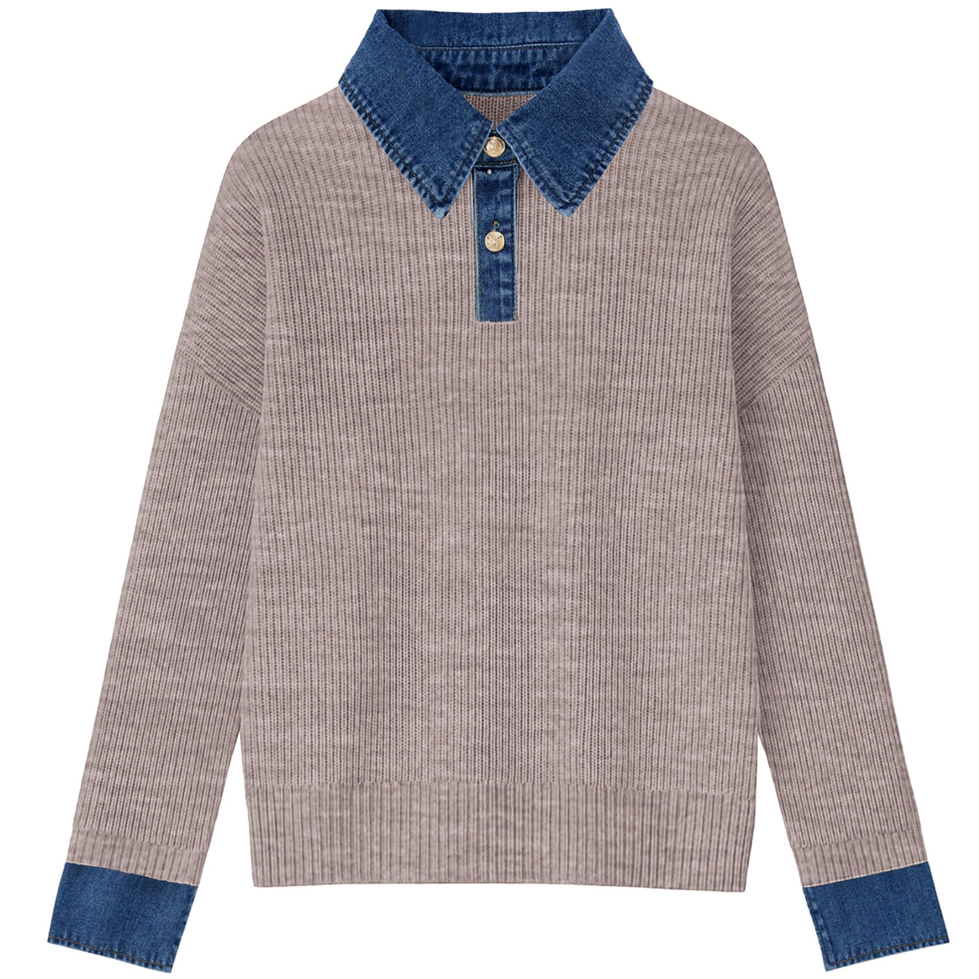 Womens Sweaters Long Sleeve Denim Lapel V Neck Buttons Closure Pullover Tops Casual Winter Polo Sweater