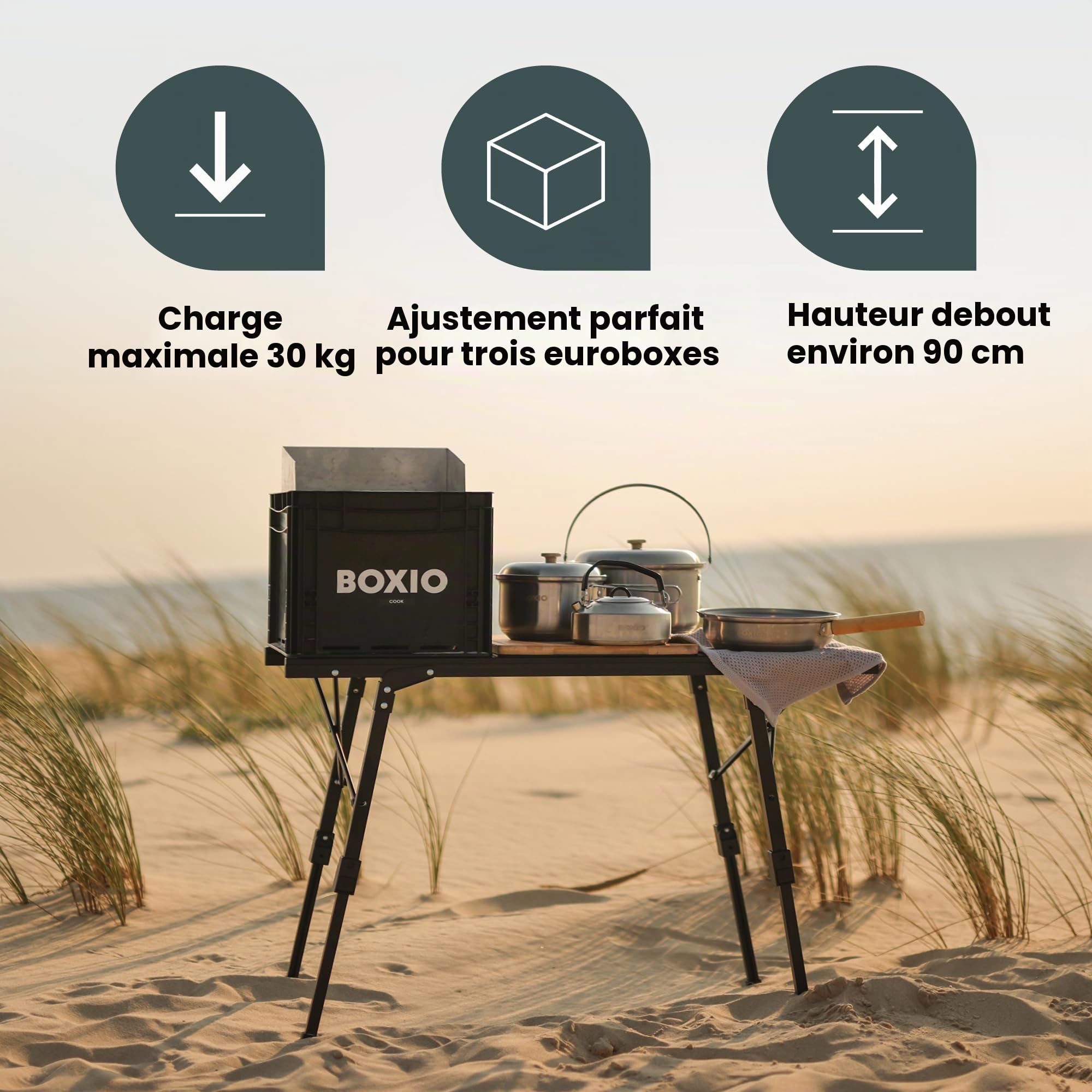 BOXIO - Table : table de camping pliante 88 x 40 cm, résistante aux intempéries, stable et pliable, table d'extérieur réglable en hauteur pour camping, jardin, balcon et camping-car accessoires petite