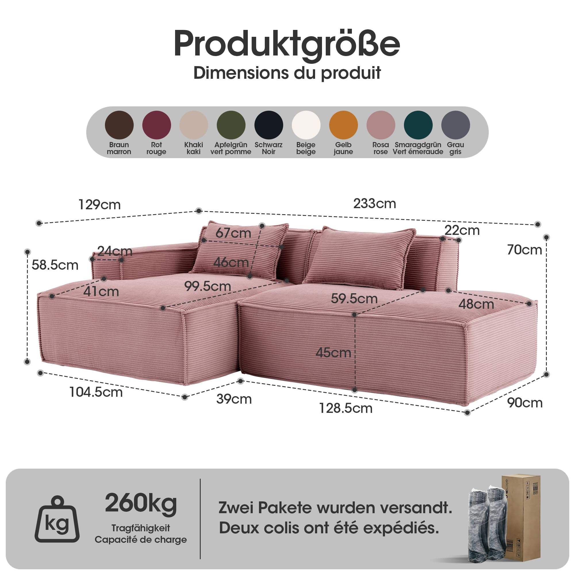 Generisch Sofá de tela de 235 cm con 2 fundas de almohada para salón o oficina
