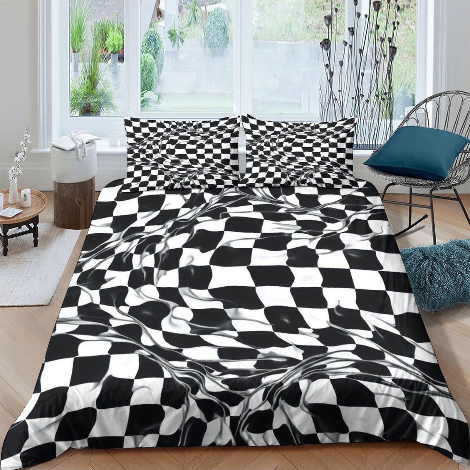 Ctjqhvkz Style-2 3D Printed Optical Illusion Checkerboard Fitted Sheet Microfiber Soft Black White Bed Cover Anti-Slip Washable For Bedroom Guest Room Single（135X200cm）