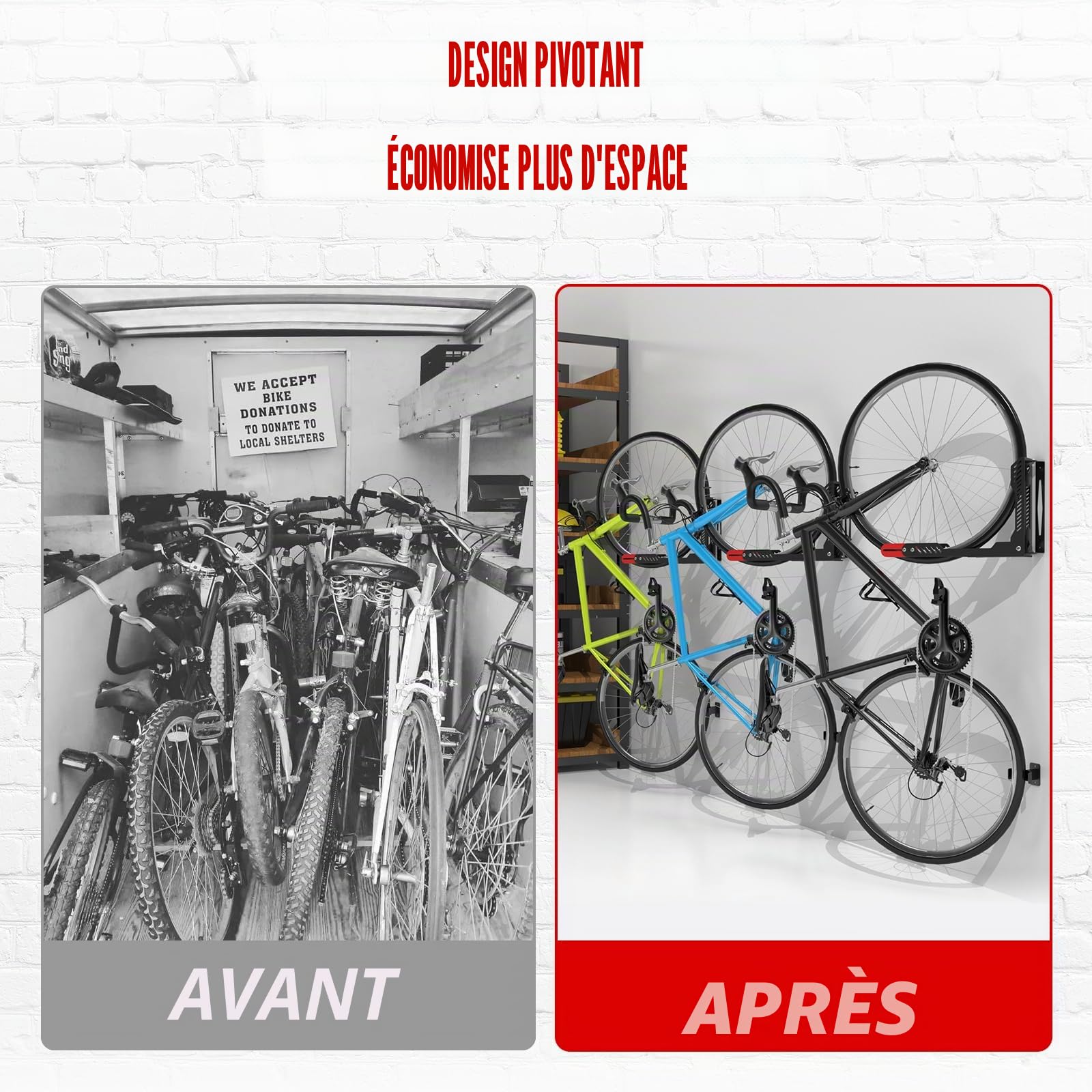 IMAYCC Support Velo Mural Pivotant, Porte Velo Mural Vertical Ajustable Et Pliable, Pas De Levage Nécessaire Accroche Velo Mural,Support à Vélos Peu Encombrant Pour Garage Vélo Léger/Vtt/Vélo De Route