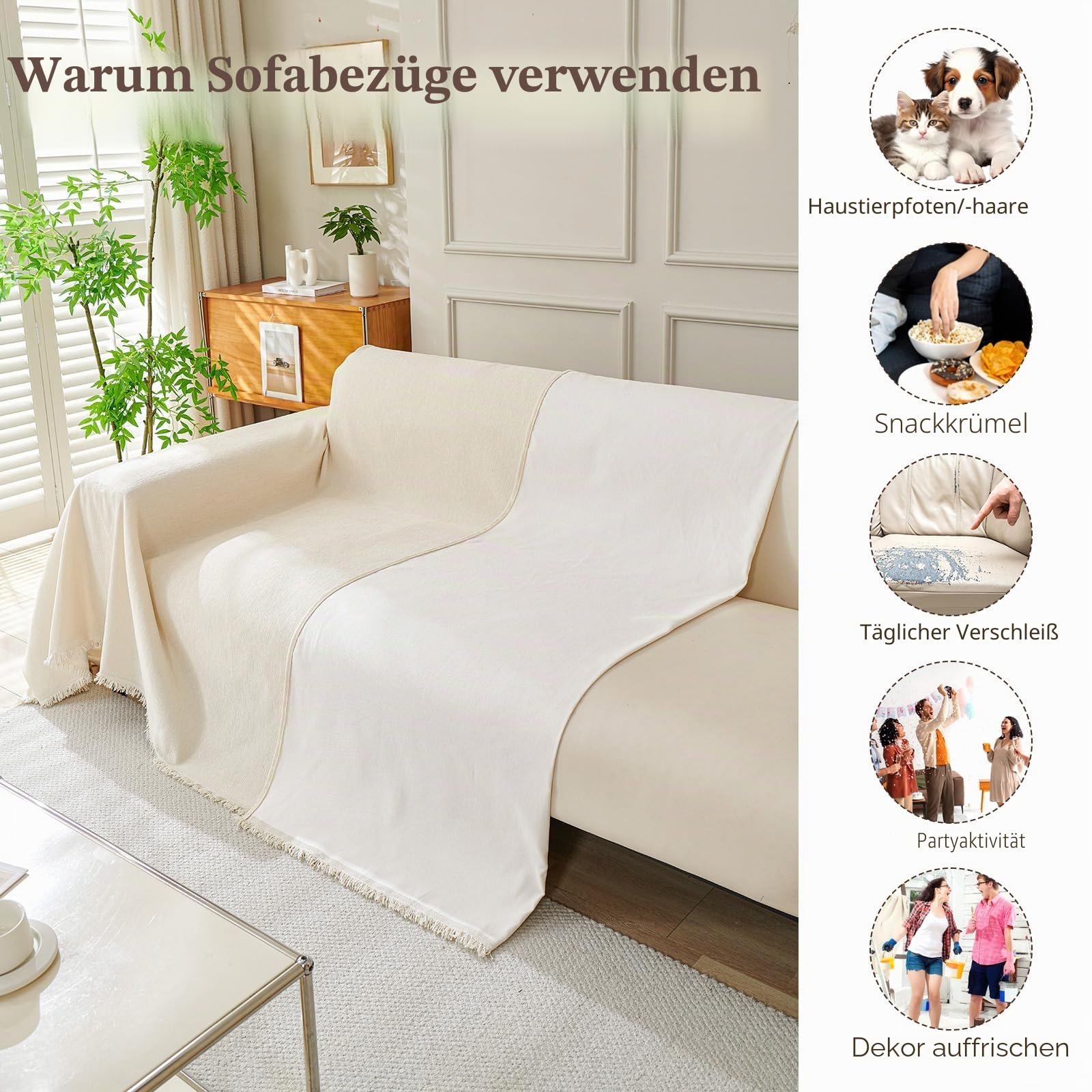 Sofa Überwurfdecke für 4 Sitzer, L-förmige Ecksofas, Einfarbige Chenille Kratzfest Sofaüberzug, Waschbar Sofaüberwurf, haustierfreundlich Couchüberzug mit Quasten F Beige 180x380cm