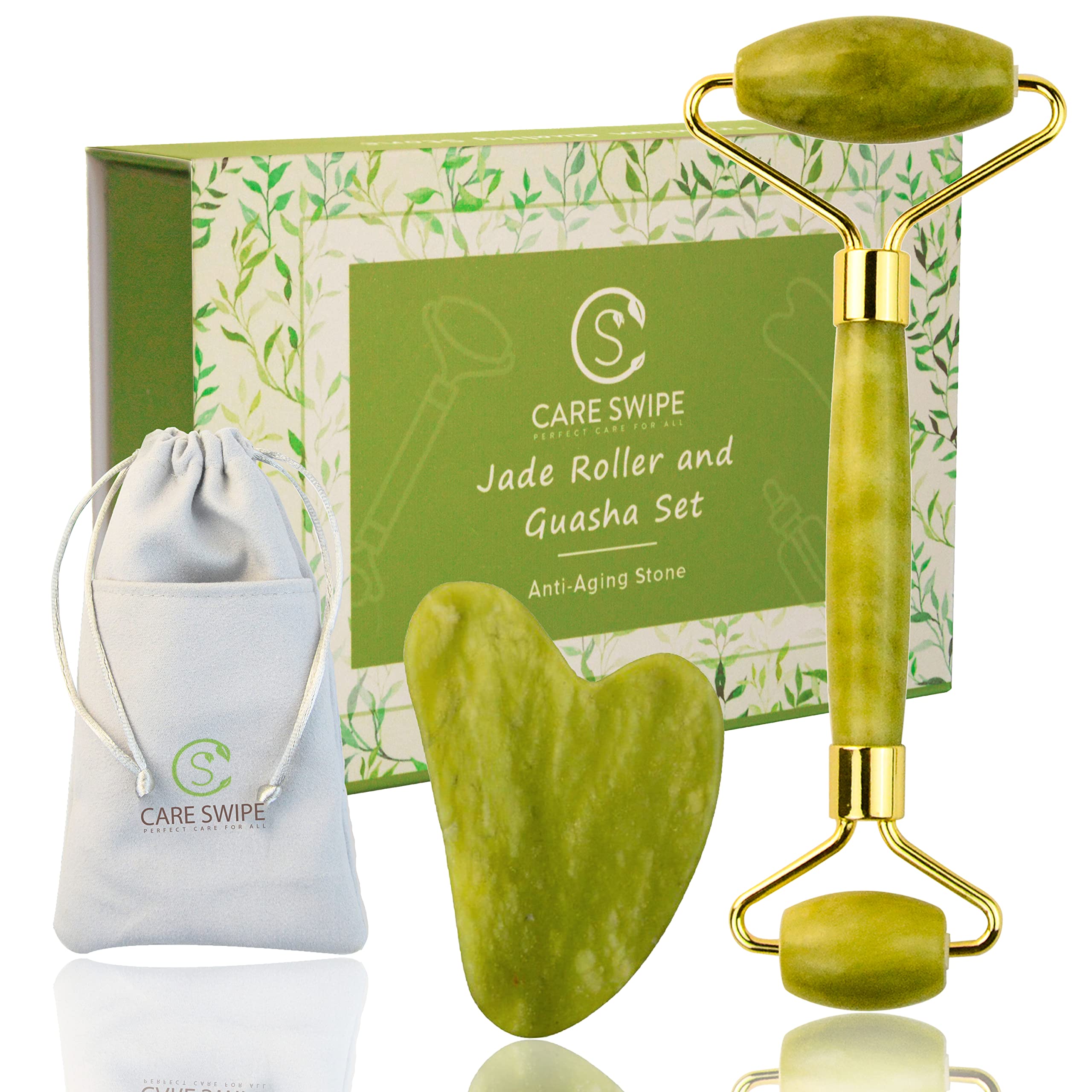 Care Swipe Jade Roller and Gua Sha Set - Face Roller Reduces Wrinkles, Eye Puffiness, Tightens Skin & Rejuvenate Neck & Fa...