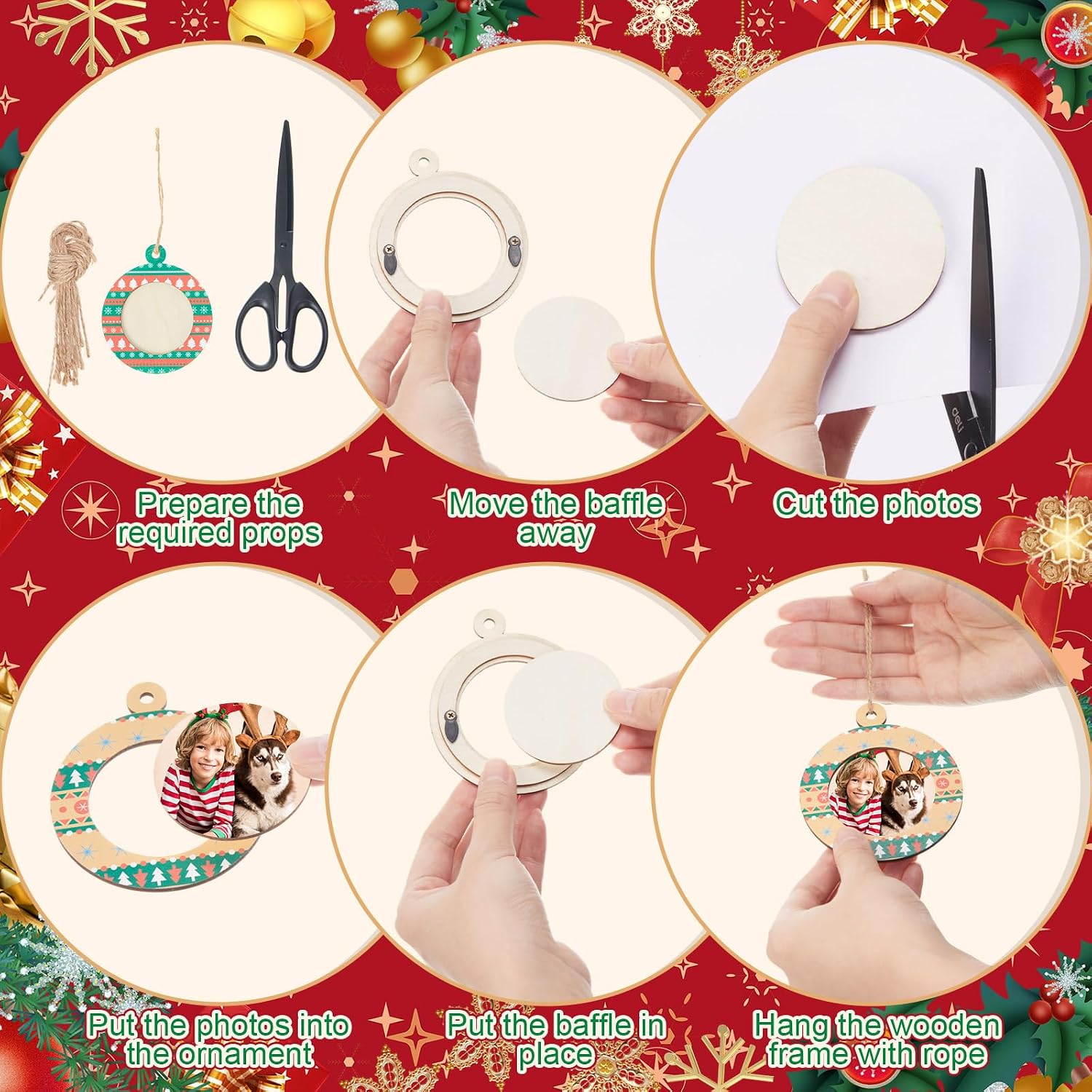 Thyle 24 Pcs Christmas Picture Frame Ornament Wooden Round Photo Frame Hanging Ornaments for Christmas Tree Xmas Holiday Party Decoration (Striped Style)