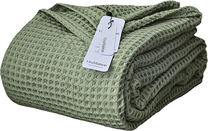 Waffle Blankets (Dage Green, King Size 95x110 inch) | 100% Turkish Cotton, 3D Honeycomb Weave, Lightweight, Breathable, Airy, Soft Comfy All-Seasons Versatile Blanket & Bedspread