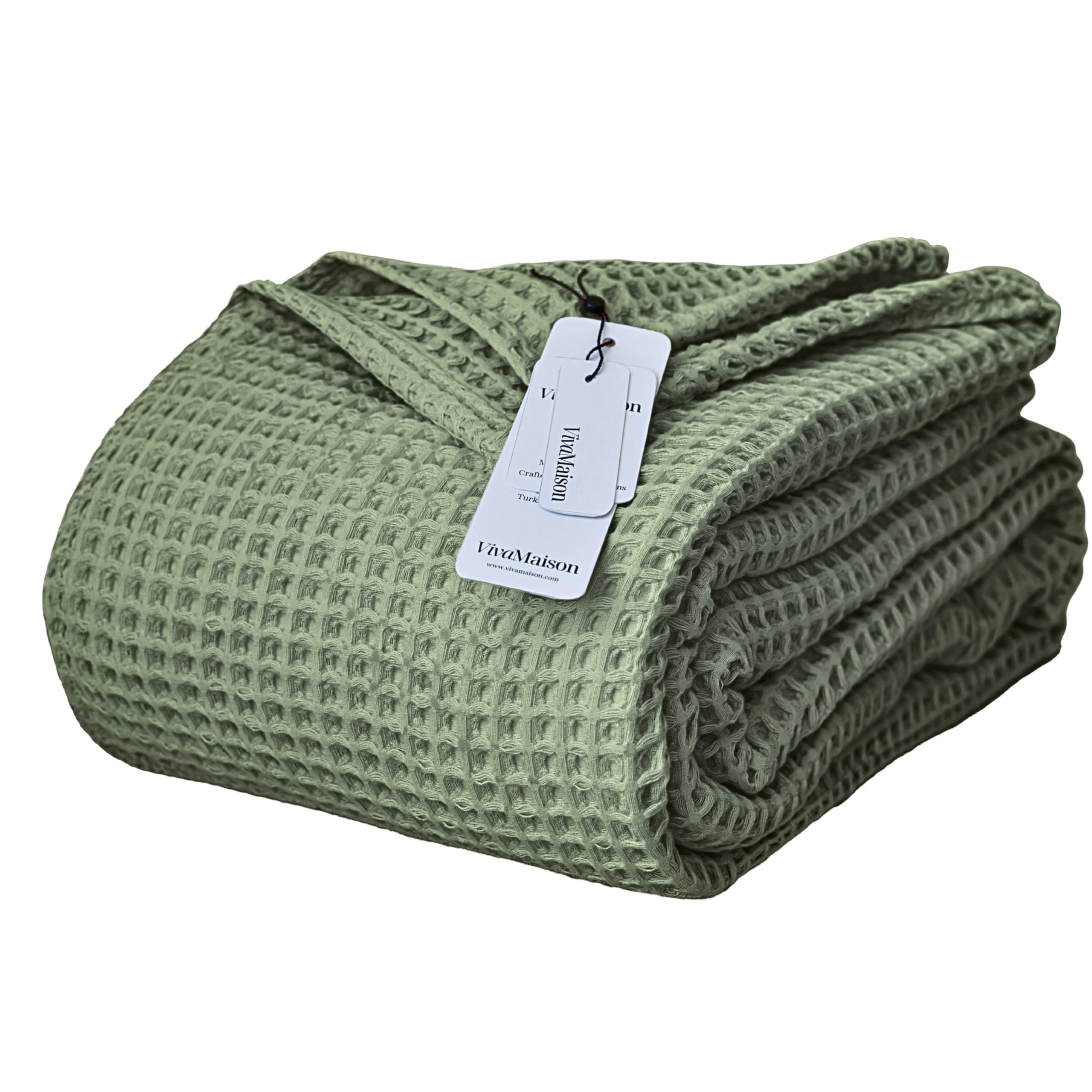 Viva Maison Premium Waffle Throw Blanket Queen XL Size Sage Green - Luxury, Pure 100% Turkish Cotton, Light & Airy Waffle All-Season Quilt -