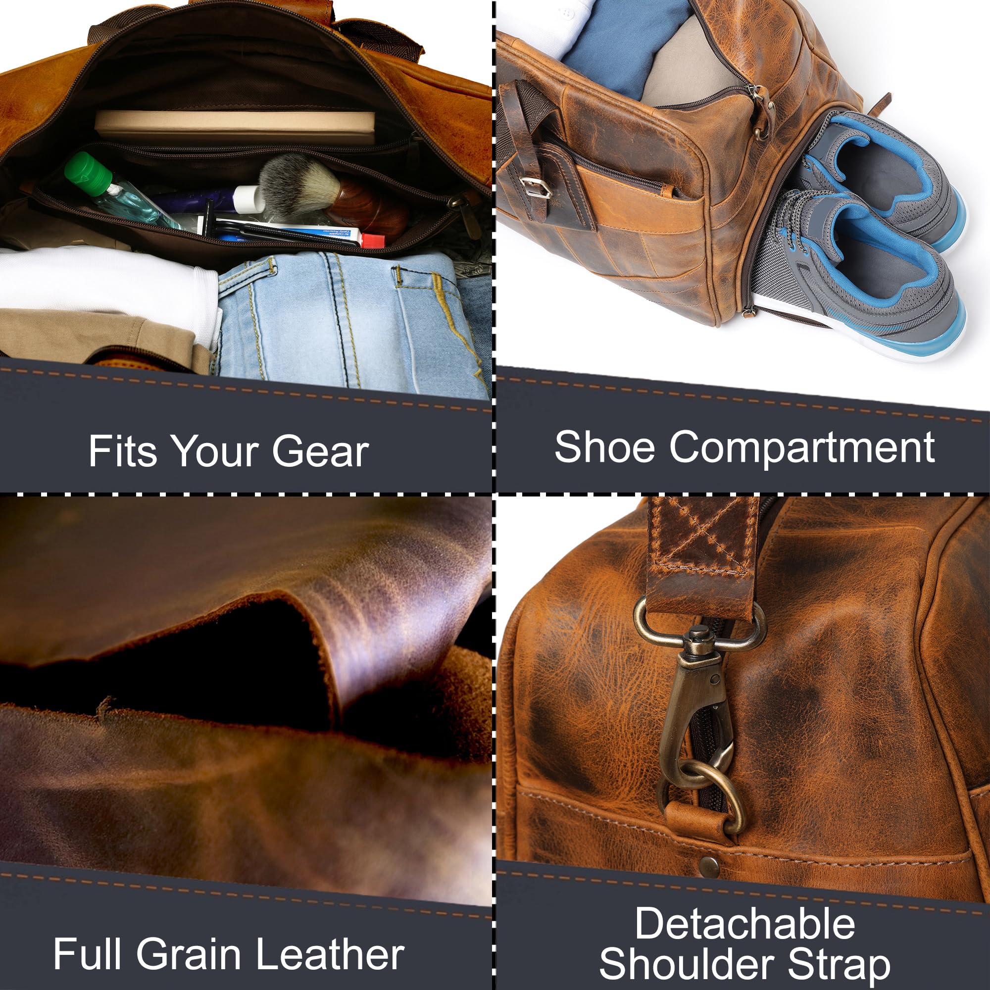 Bolsa de lona de cuero para hombres – Bolsa de viaje de cuero de grano completo durante la noche, fin de semana, bolsa de mano, Marrón (con bolsillo para zapatos), Marrón (con bolsillo para zapatos) 3