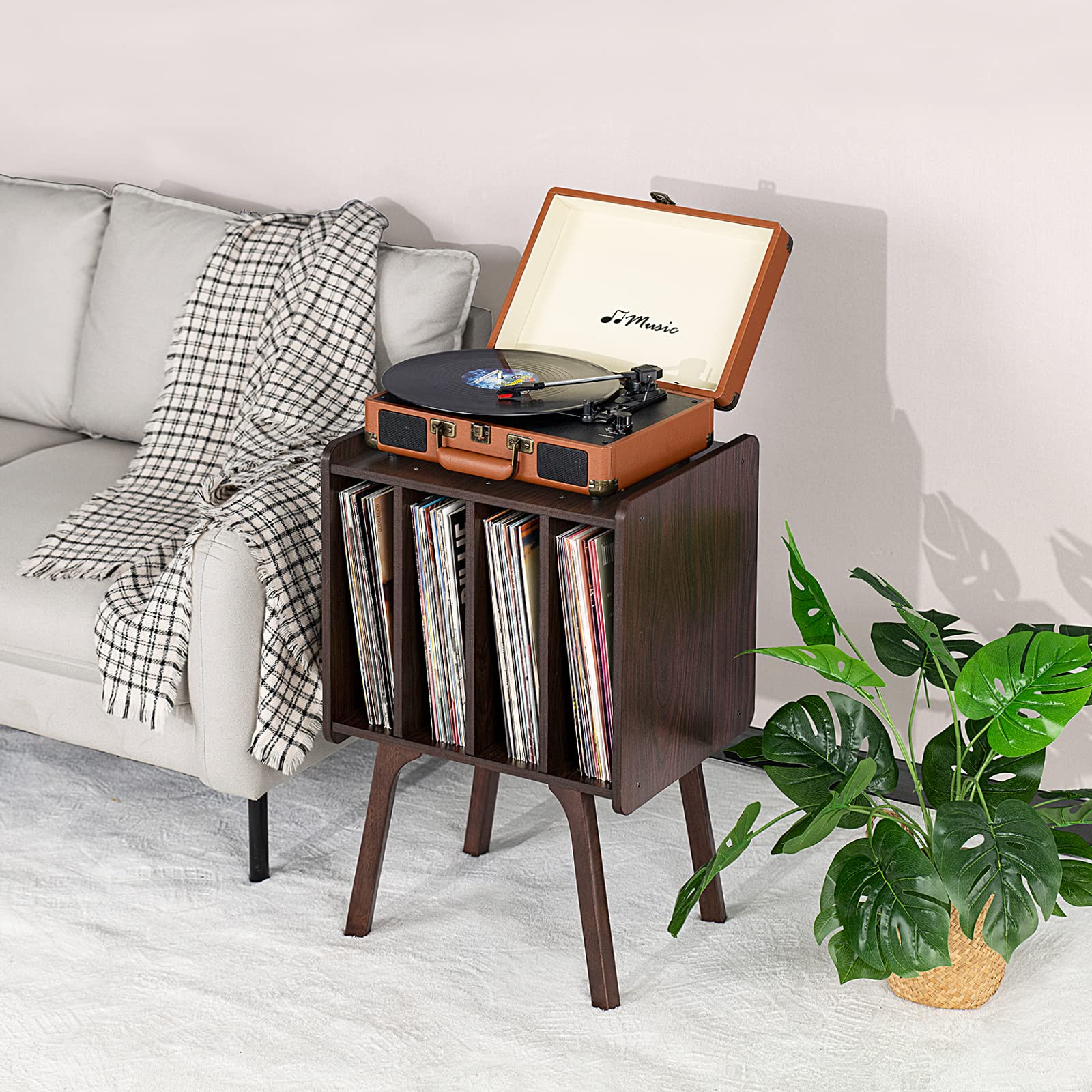 LELELINKY Présentoir à disques en bois avec 4 armoires, table Mid-Century pour tourne-disque vinyle avec pieds en bois massif, peut contenir jusqu'à 100 albums, étagère en vinyle noyer pour chambre à