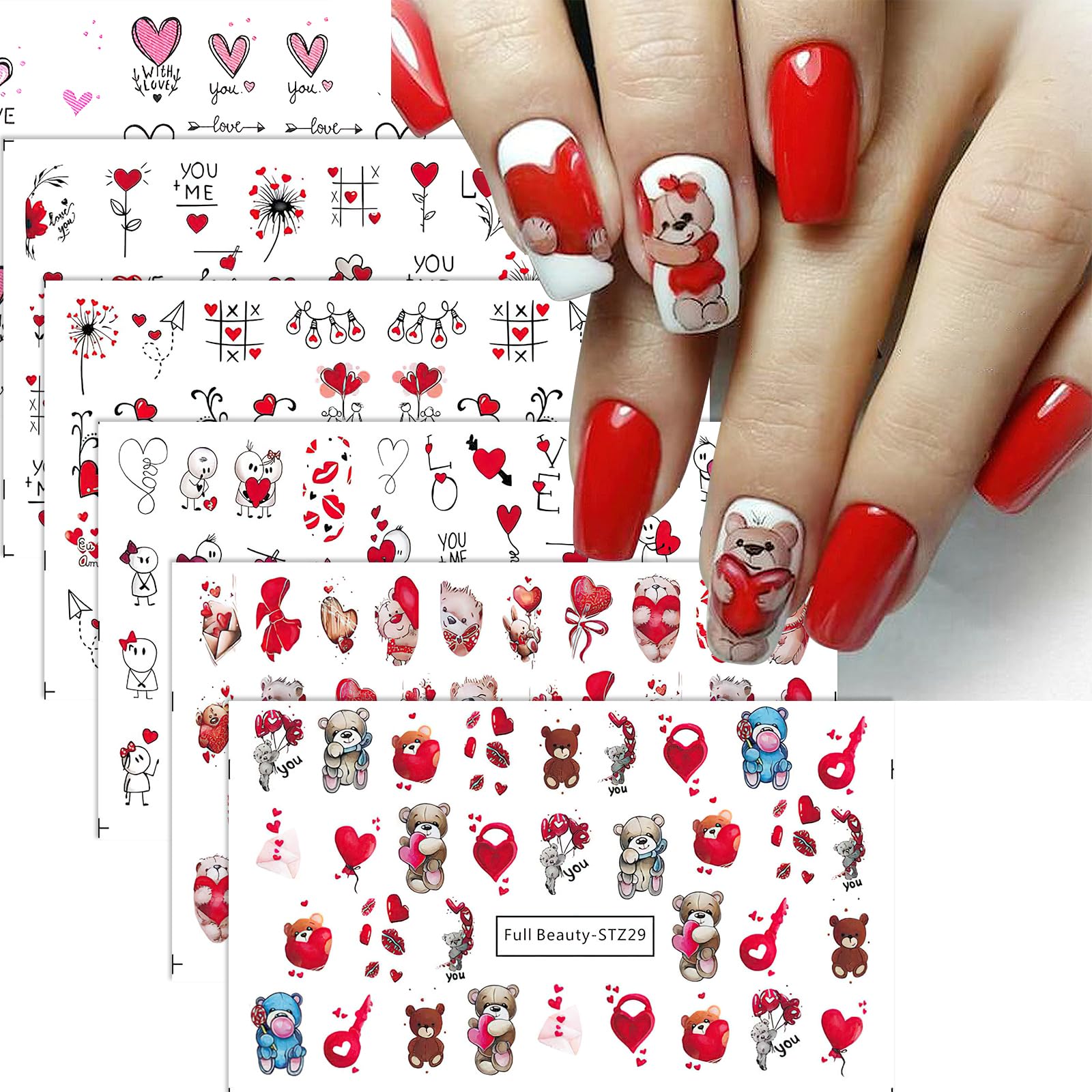 ROFIBUTROFIBUT Valentine's Day Nail Art Stickers Heart Love Water Transfer Nail Decals Cute Bear Couple Nail Art Supplies Water Sliders Cake Sexy Lips Design for Women Girls Nail Art Decorations 6 Sheets