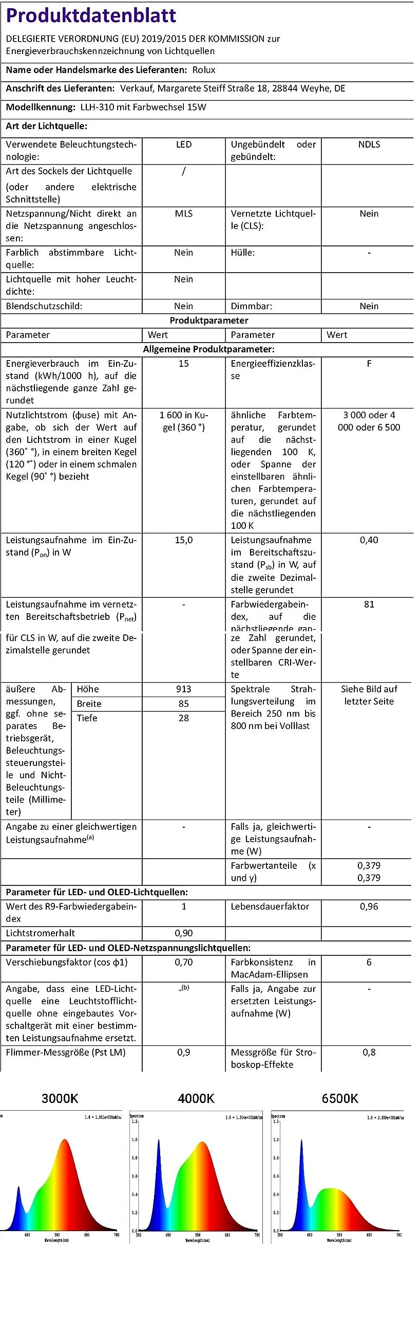 Rolux LED Unterbauleuchte 15W CCT 3000K~6500K Anbauleuchte Aluminium, 15 watts, silber, 91,3 x 8,5 x 3,5 cm