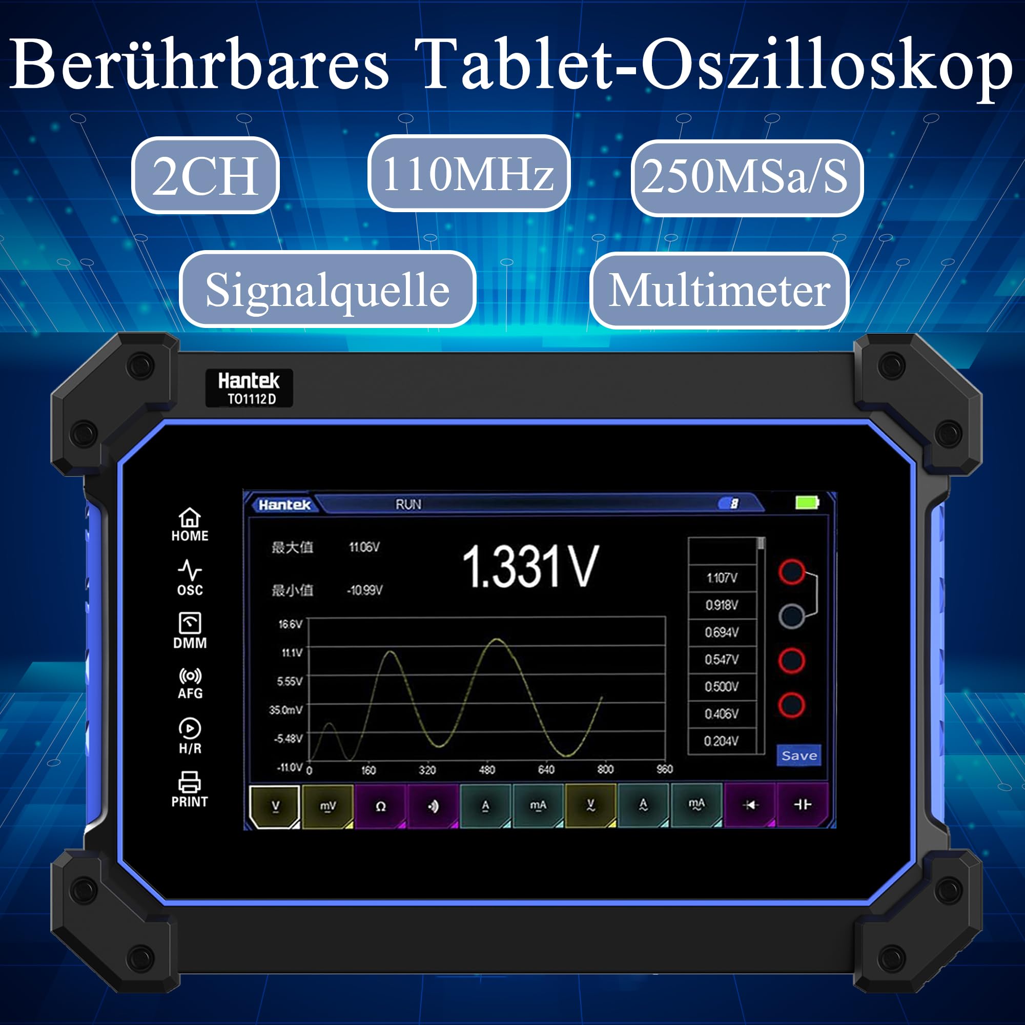 Hantek TO1112D 2CH Osciloscopi multifunzionale, con generatore di segnale multimetro, 3 in 1, 110 MHz, 250 MSa/s per laboratorio, ricerca scientifica