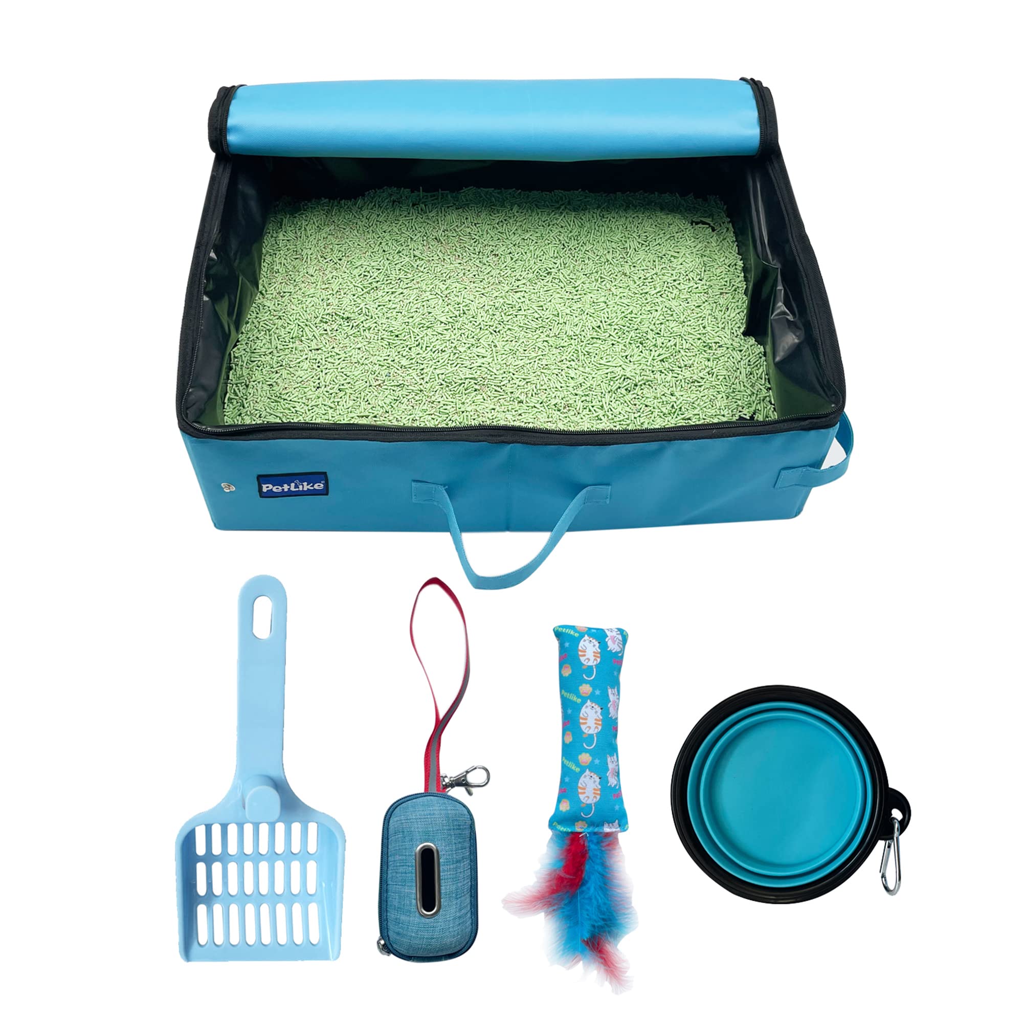 PetLike Travel Cat Litter Box, Leak-Proof Portable Litter Box, Collapsible Toilet Tray Carrier for Small Medium Cats (Large, Aqua Set)