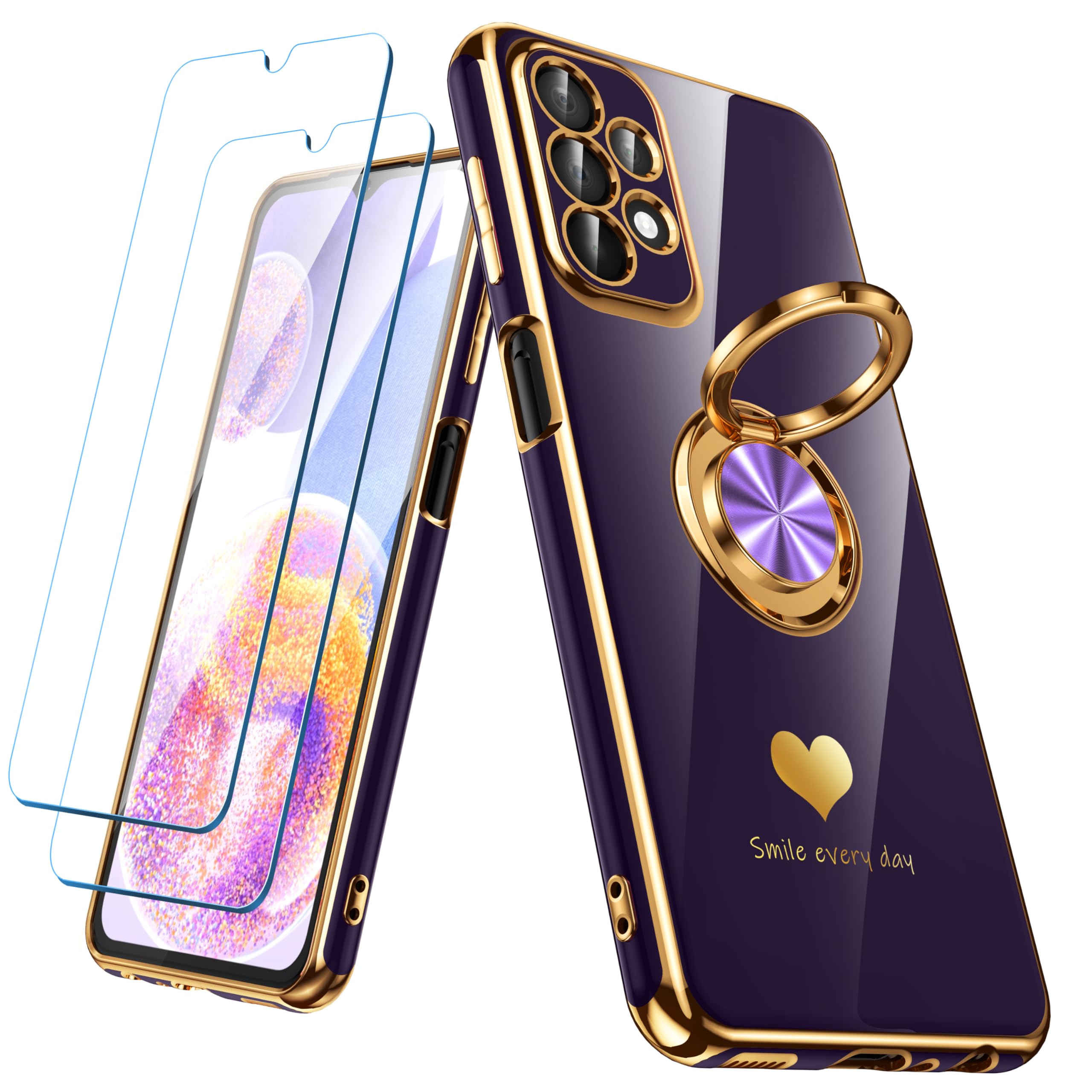 for Samsung Galaxy A23 5G/4G Case with 2 Pack Screen Protector, 360° Rotatable Ring Holder [Luxury Hearts Pattern] Plating Gold Edge Slim Soft Phone Cover Case for Galaxy A23 - Purple